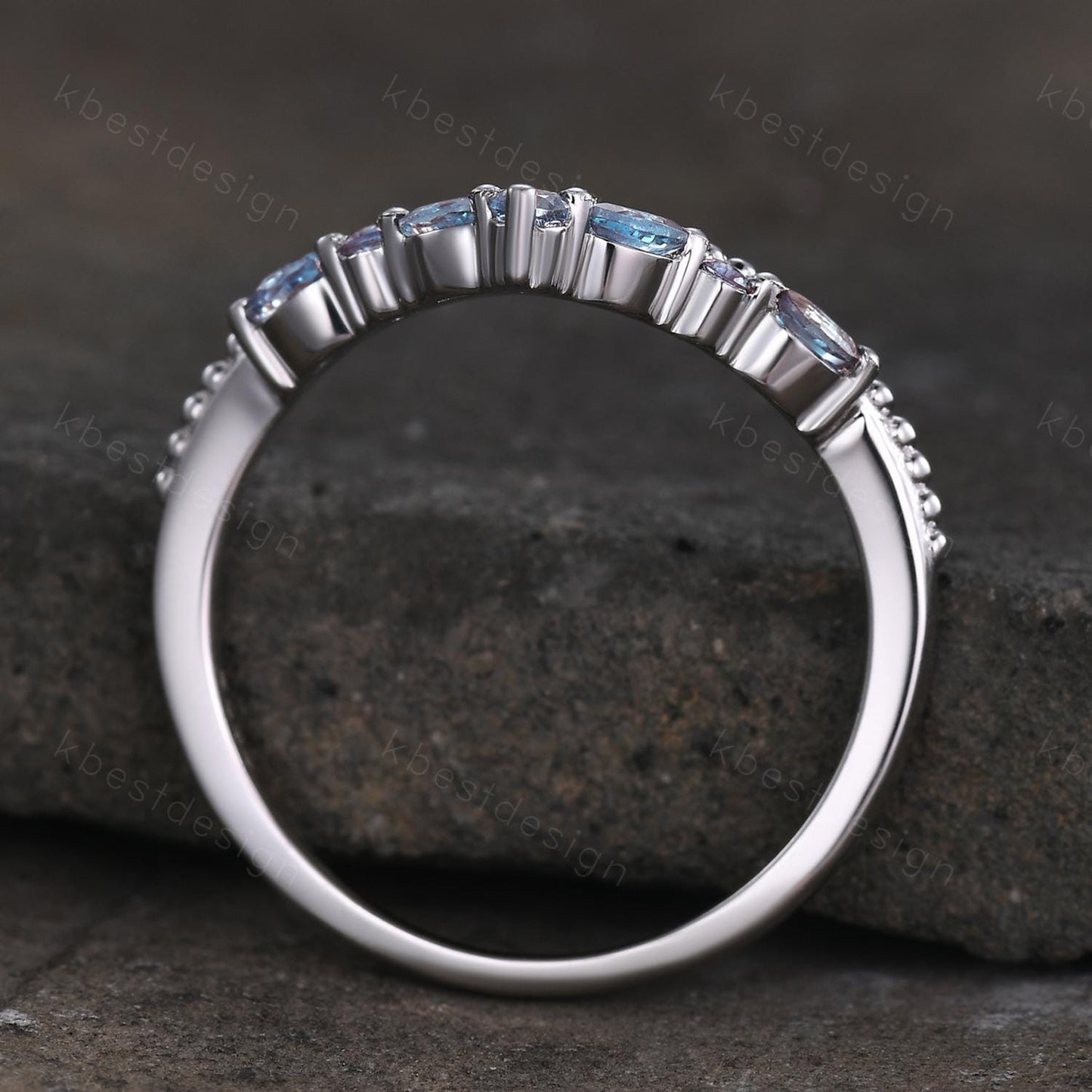 Curved Alexandrite wedding band sterling silver wedding band Unique art deco alexandrite stacking band Anniversary ring Women gift