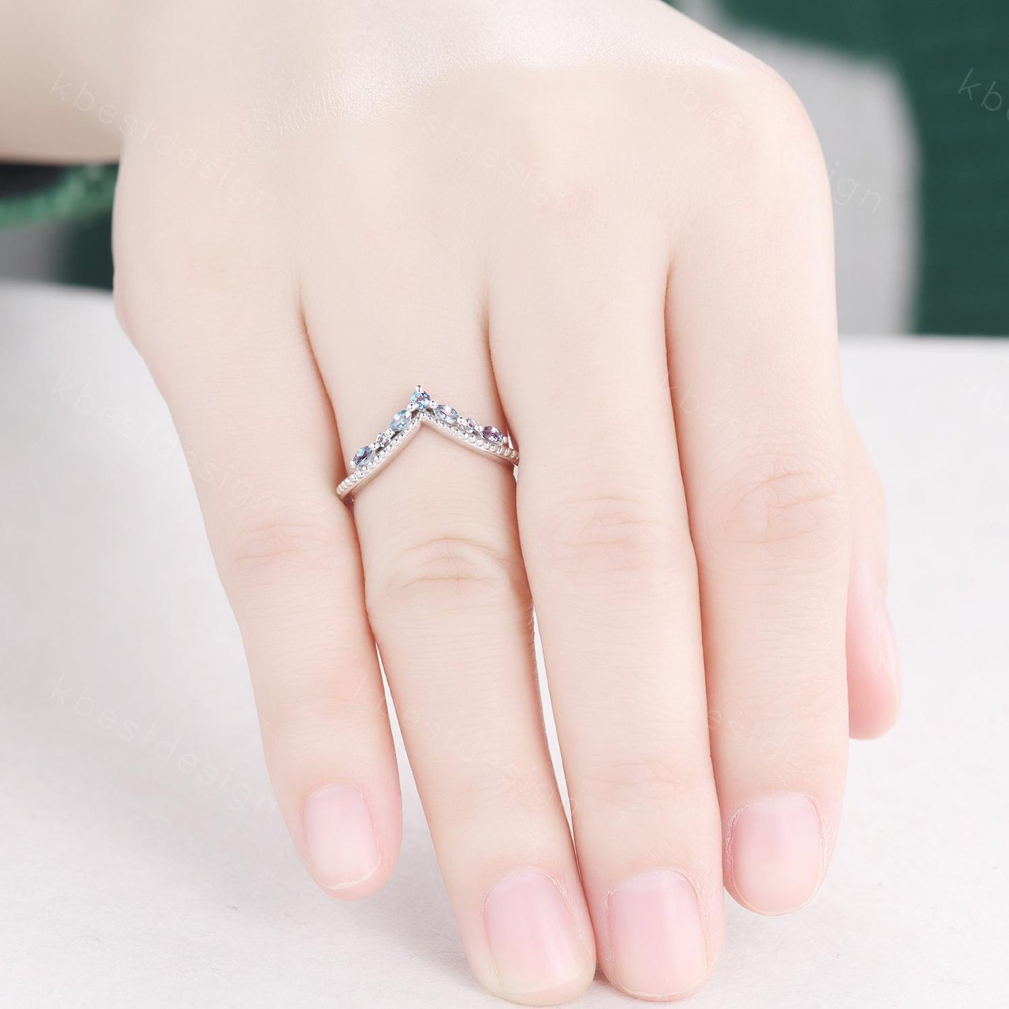 Curved Alexandrite wedding band sterling silver wedding band Unique art deco alexandrite stacking band Anniversary ring Women gift