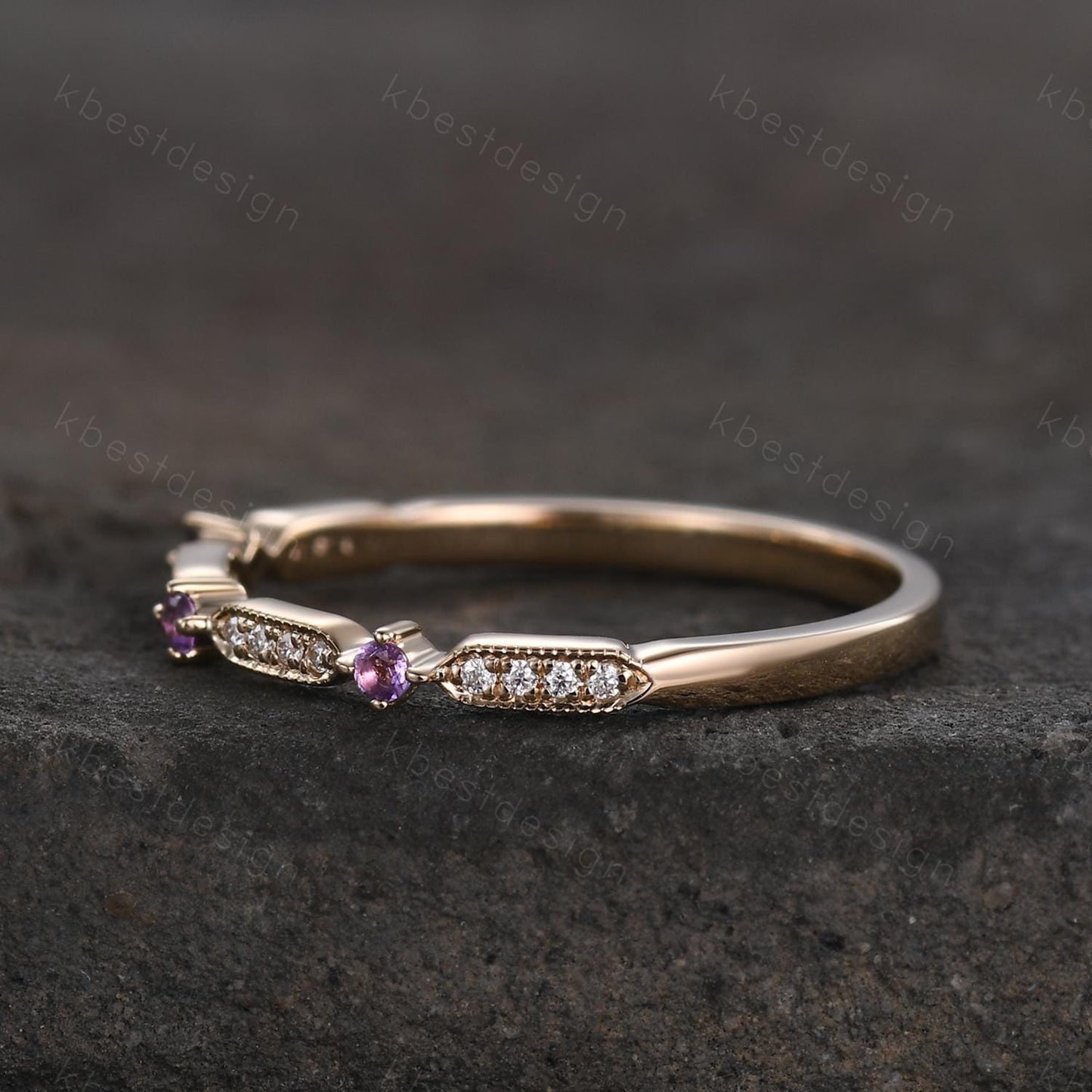 Dainty Amethyst Moissanite Wedding Band 14K Solid Gold Wedding Band Half Eternity Matching Band Stackable Minimalist Bridal Anniversary Ring