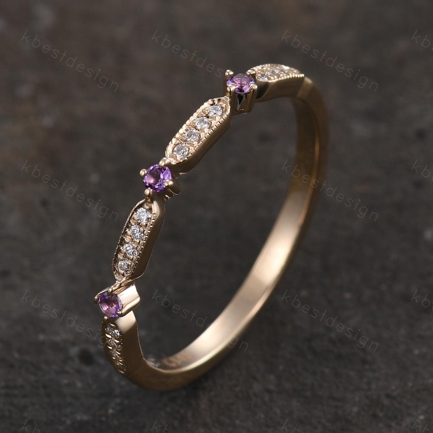 Dainty Amethyst Moissanite Wedding Band 14K Solid Gold Wedding Band Half Eternity Matching Band Stackable Minimalist Bridal Anniversary Ring