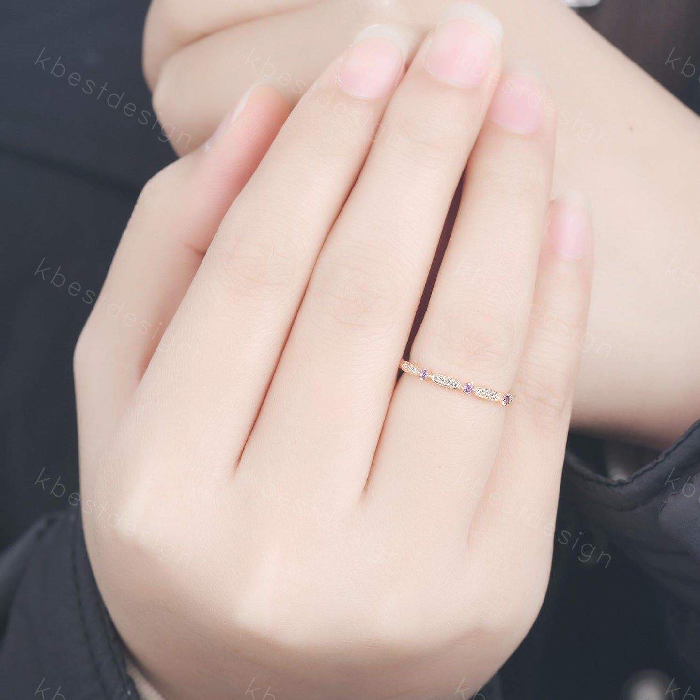 Dainty Amethyst Moissanite Wedding Band 14K Solid Gold Wedding Band Half Eternity Matching Band Stackable Minimalist Bridal Anniversary Ring