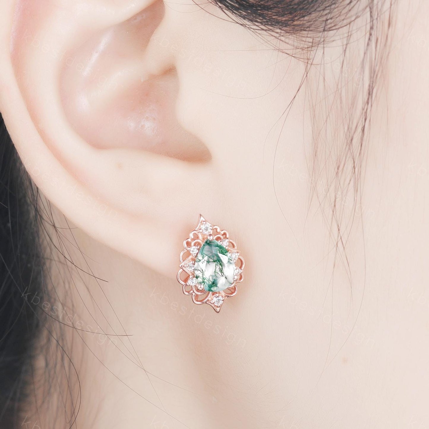 Vintage Moss Agate Earrings, Rose Gold Pear cut Vintage Earring Studs, Natural Moss Agate Jewelry, Unique Art Deco Bridal Promise Gift