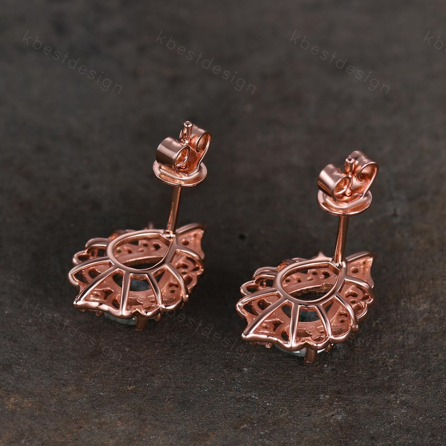 Vintage Moss Agate Earrings, Rose Gold Pear cut Vintage Earring Studs, Natural Moss Agate Jewelry, Unique Art Deco Bridal Promise Gift