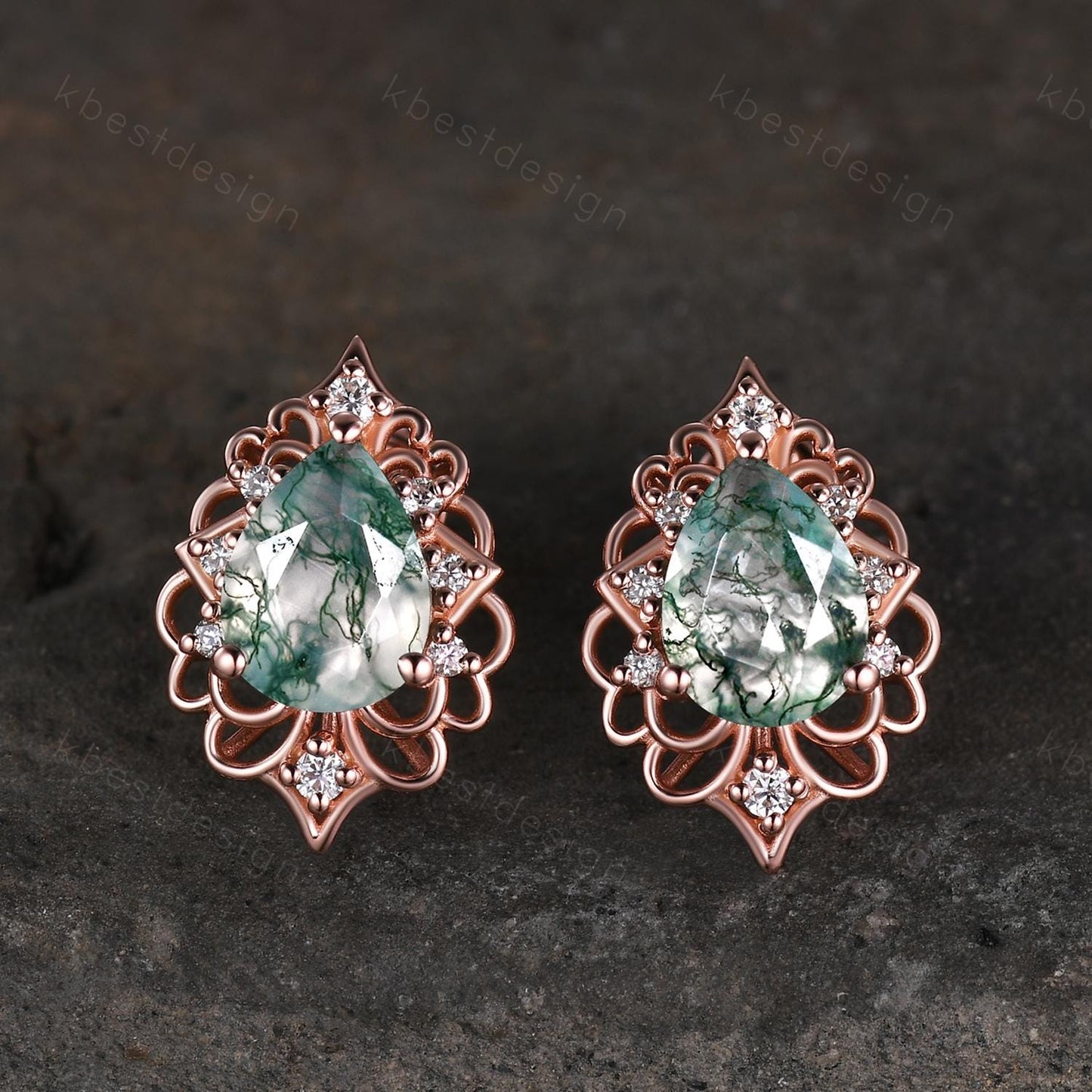 Vintage Moss Agate Earrings, Rose Gold Pear cut Vintage Earring Studs, Natural Moss Agate Jewelry, Unique Art Deco Bridal Promise Gift