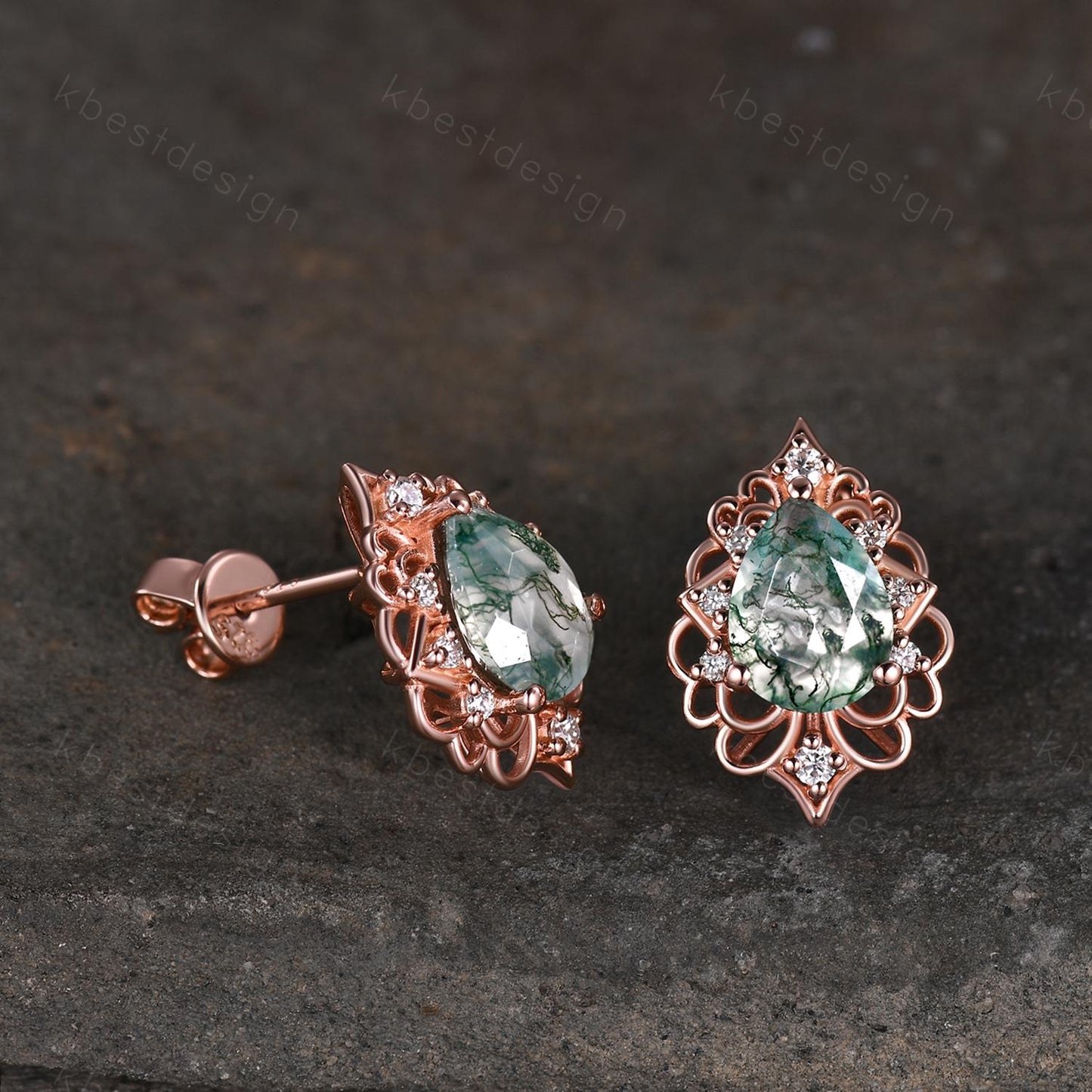 Vintage Moss Agate Earrings, Rose Gold Pear cut Vintage Earring Studs, Natural Moss Agate Jewelry, Unique Art Deco Bridal Promise Gift