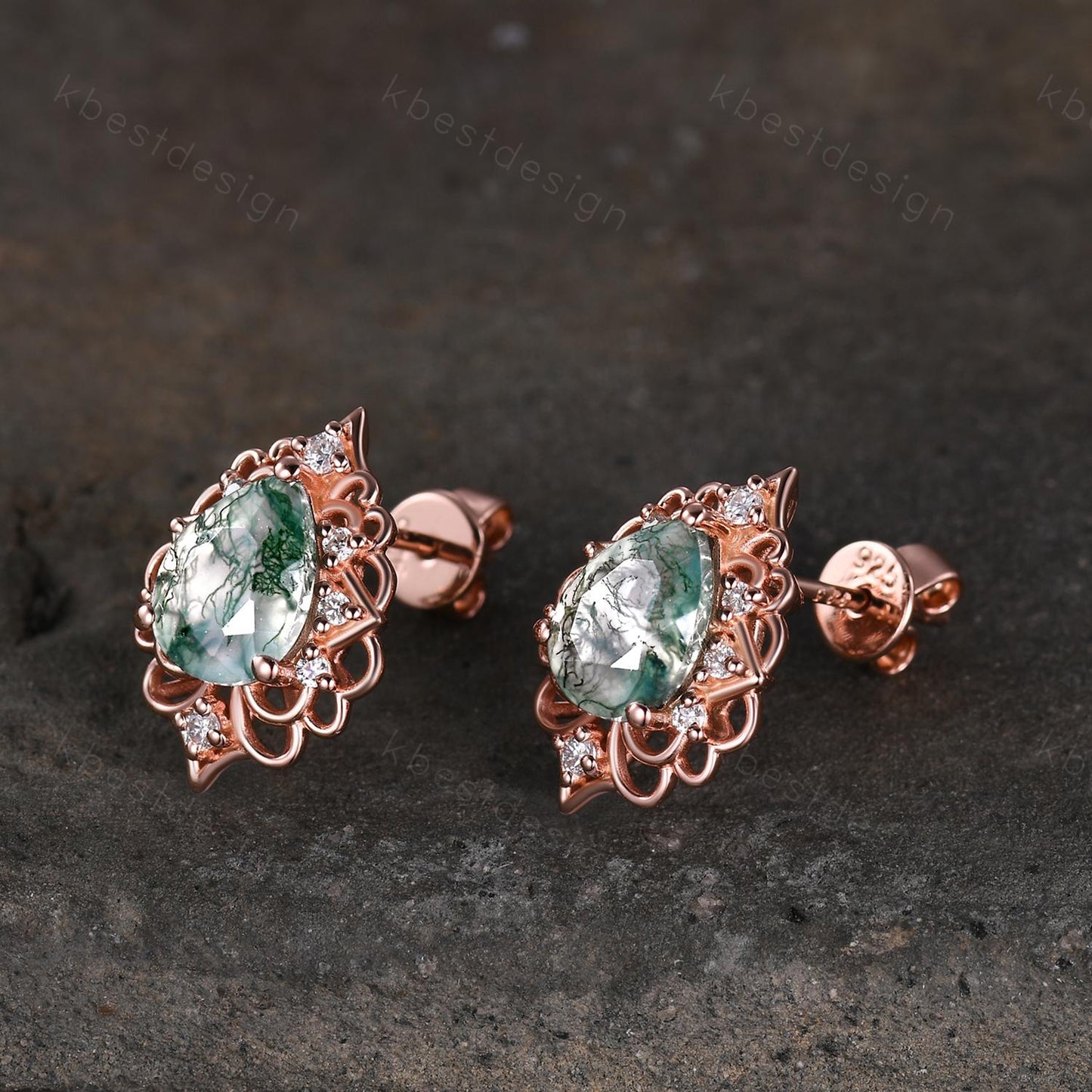 Vintage Moss Agate Earrings, Rose Gold Pear cut Vintage Earring Studs, Natural Moss Agate Jewelry, Unique Art Deco Bridal Promise Gift