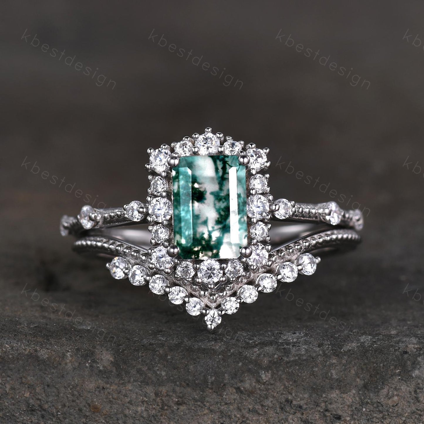 Emerald cut moss agate engagement ring set sterling silver green moss agate ring unique curved Moissanite stacking band bridal wedding set