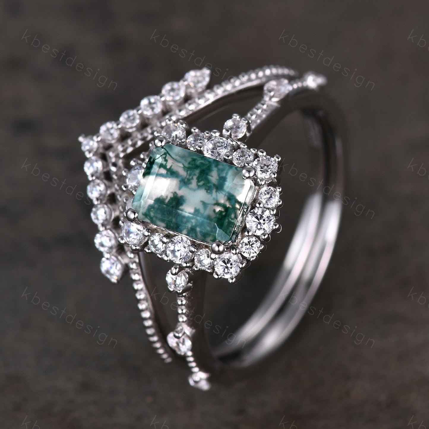Emerald cut moss agate engagement ring set sterling silver green moss agate ring unique curved Moissanite stacking band bridal wedding set