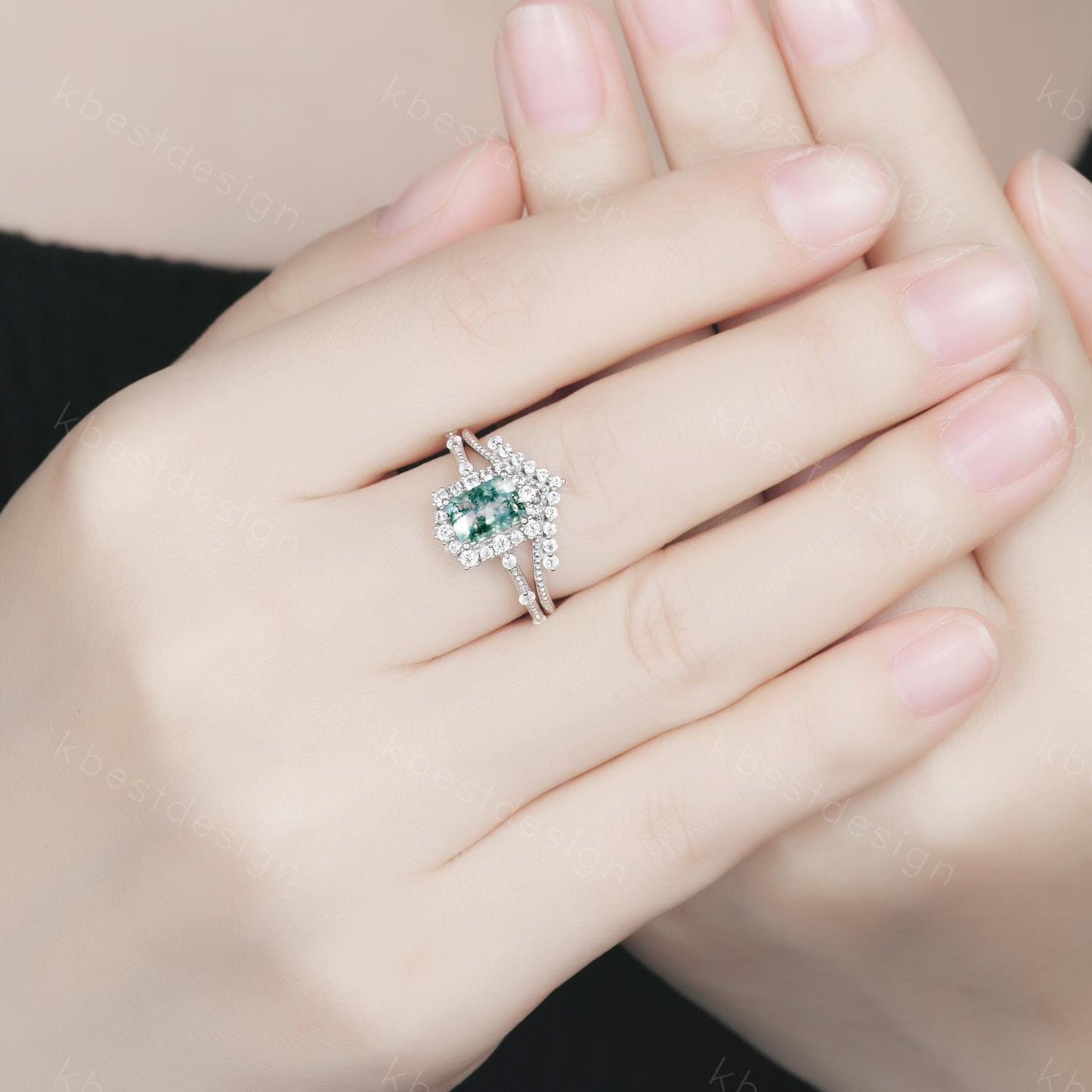 Emerald cut moss agate engagement ring set sterling silver green moss agate ring unique curved Moissanite stacking band bridal wedding set