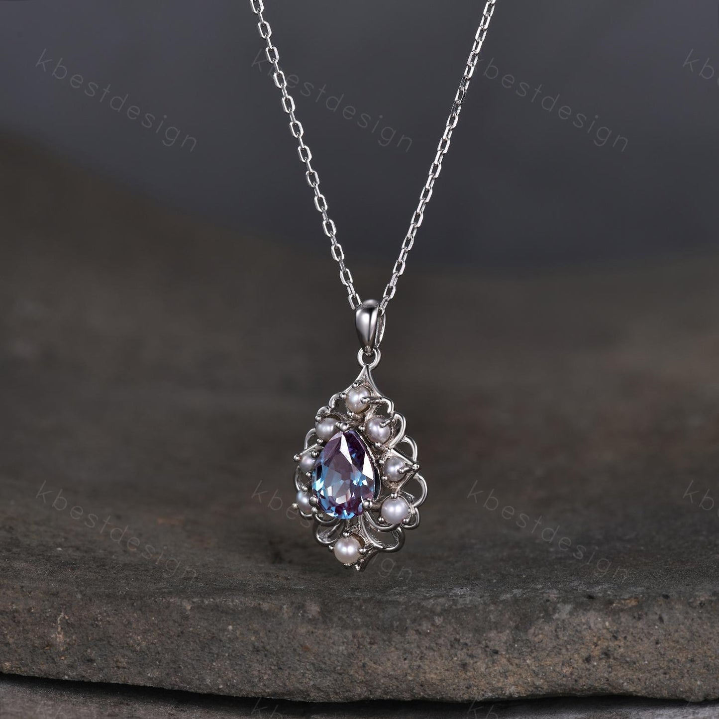 Vintage 1.5CT Alexandrite Necklace Sterling Silver Pearl Halo Pendant June Birthstone Jewelry Unique Art Deco Bridal Promise Necklace Gift