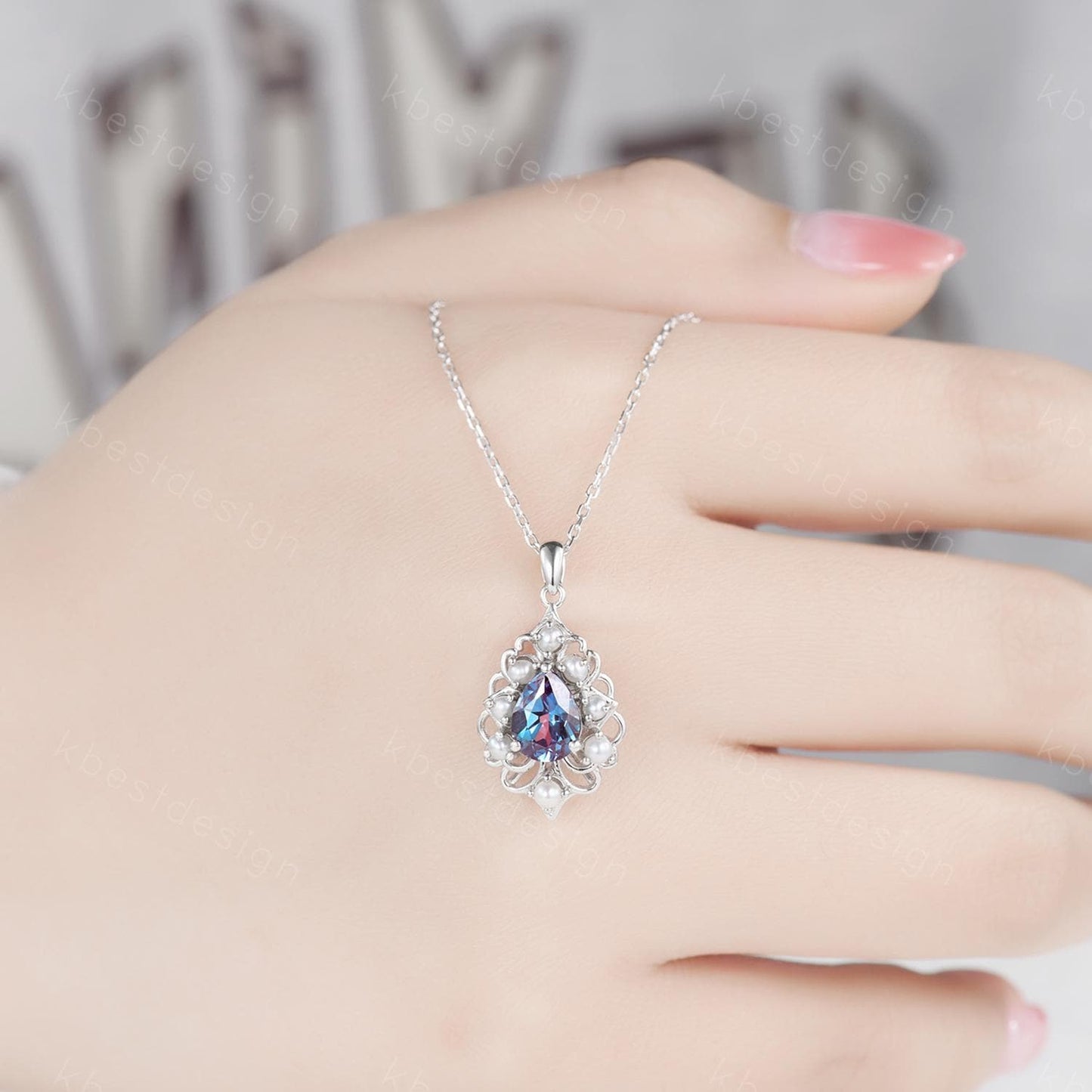 Vintage 1.5CT Alexandrite Necklace Sterling Silver Pearl Halo Pendant June Birthstone Jewelry Unique Art Deco Bridal Promise Necklace Gift