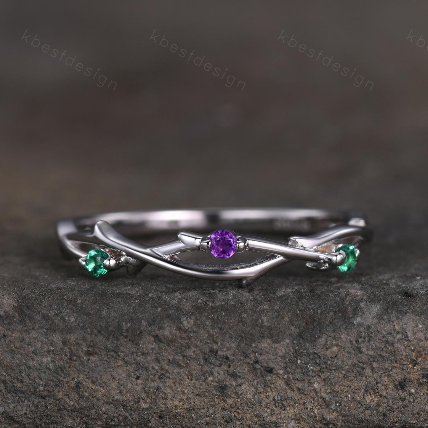 Twig emerald amethyst wedding band silver art deco wedding ring for women three stone stacking band unique branch ring anniversary gift