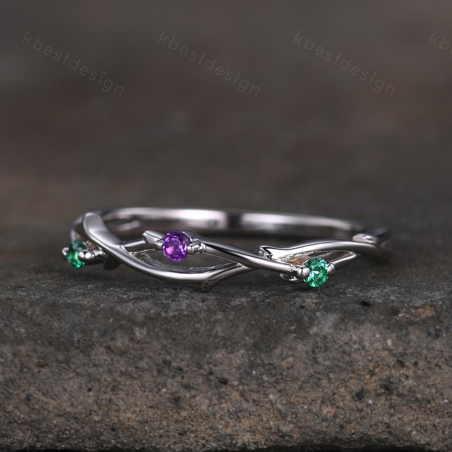 Twig emerald amethyst wedding band silver art deco wedding ring for women three stone stacking band unique branch ring anniversary gift