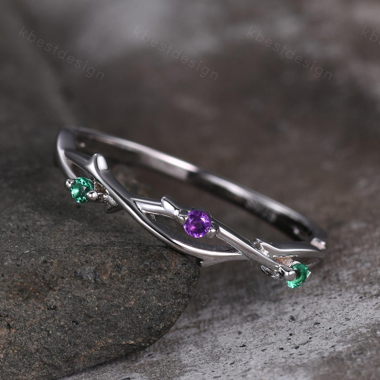 Twig emerald amethyst wedding band silver art deco wedding ring for women three stone stacking band unique branch ring anniversary gift