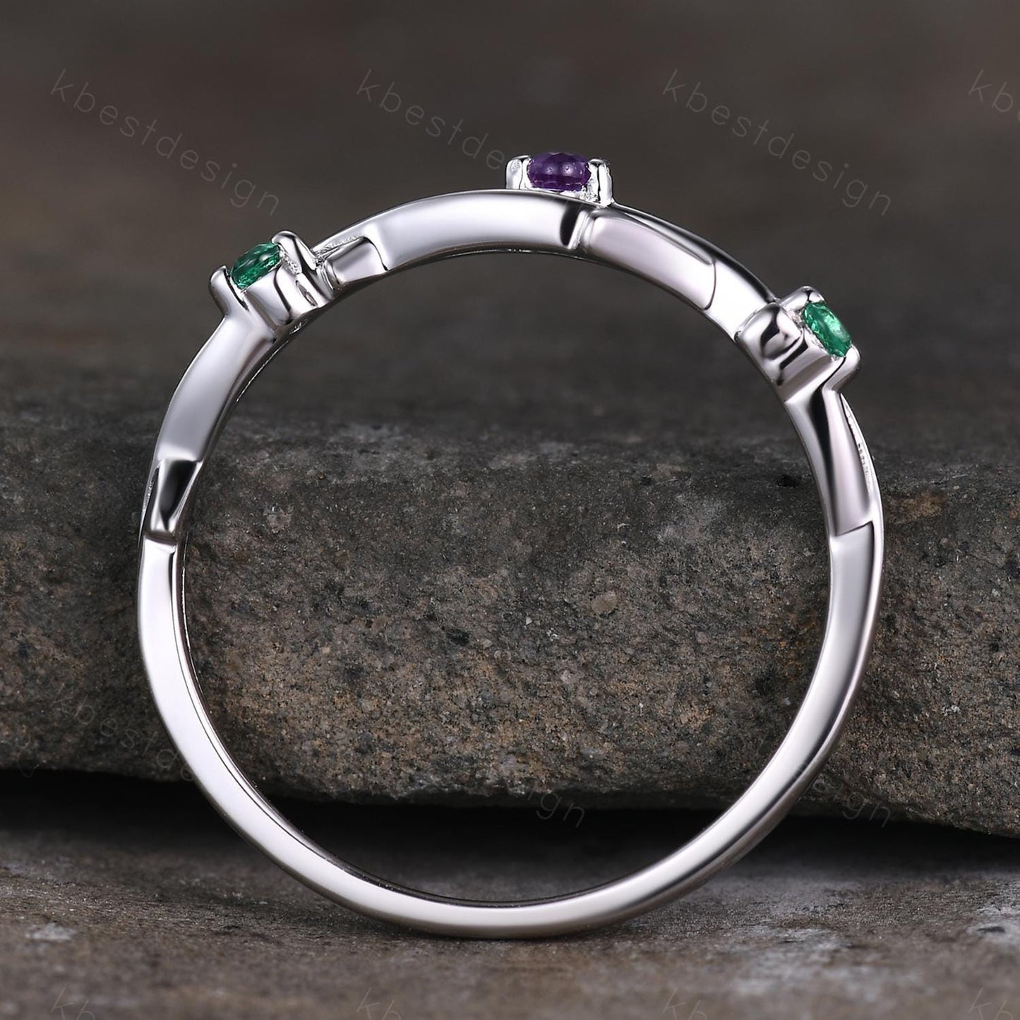 Twig emerald amethyst wedding band silver art deco wedding ring for women three stone stacking band unique branch ring anniversary gift