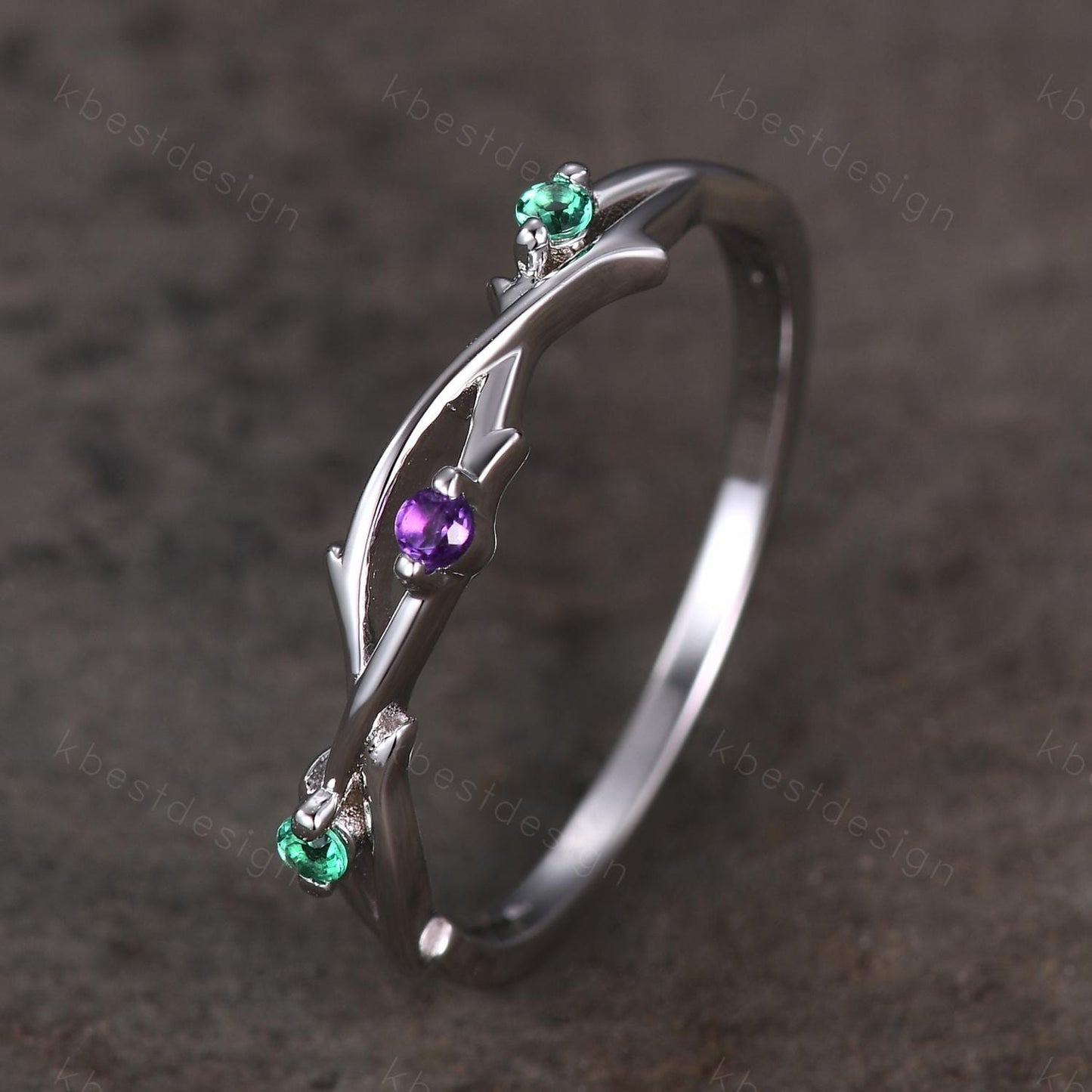 Twig emerald amethyst wedding band silver art deco wedding ring for women three stone stacking band unique branch ring anniversary gift
