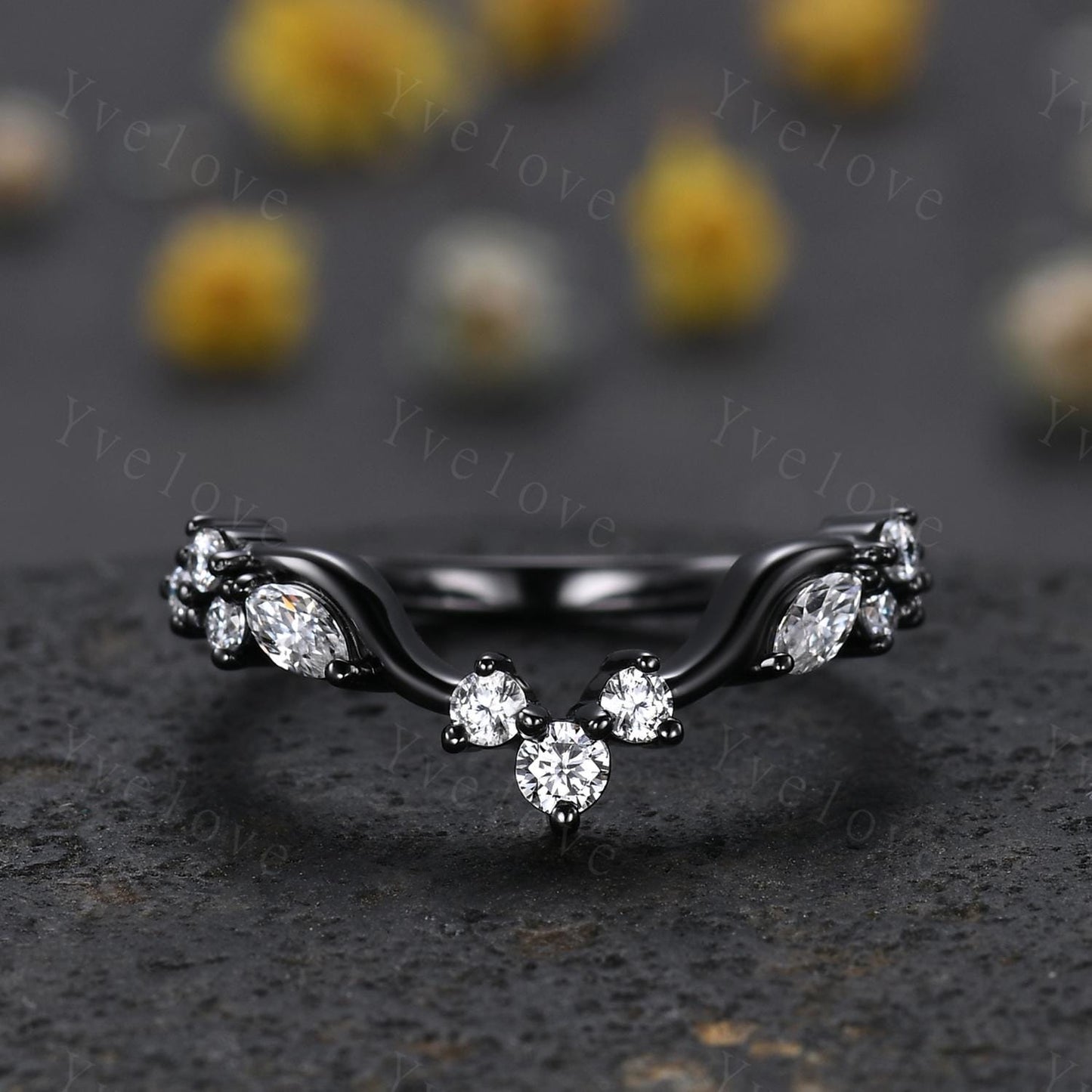 Art Deco Diamond Wedding Band Marquise Moissanite Engagement Ring Matching Band,Women V Curved Wedding Band,Rose Gold Wedding Ring Gift