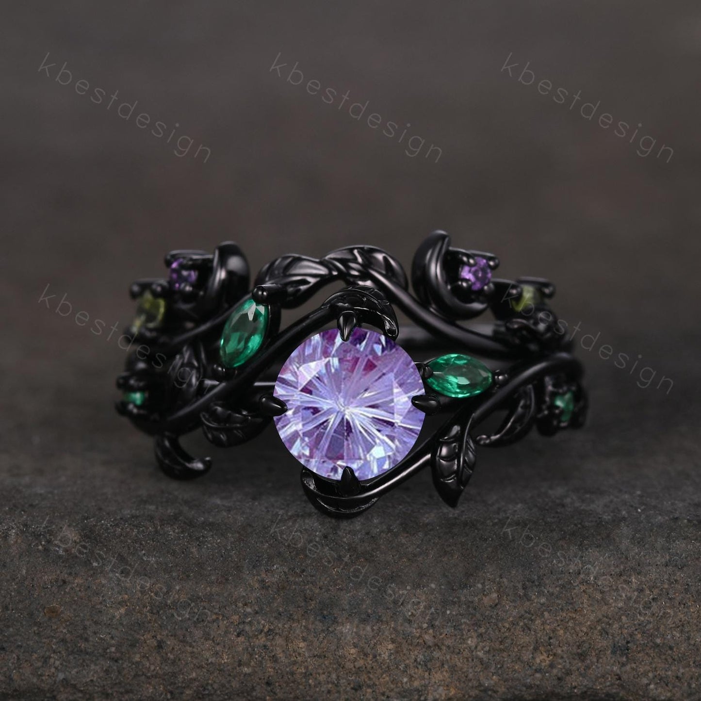 Vintage firework alexandrite engagement ring black gold art deco cluster emerald wedding ring set leaf inspired bridal promise ring for her