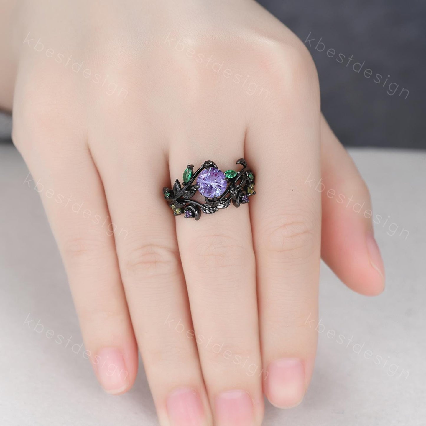 Vintage firework alexandrite engagement ring black gold art deco cluster emerald wedding ring set leaf inspired bridal promise ring for her