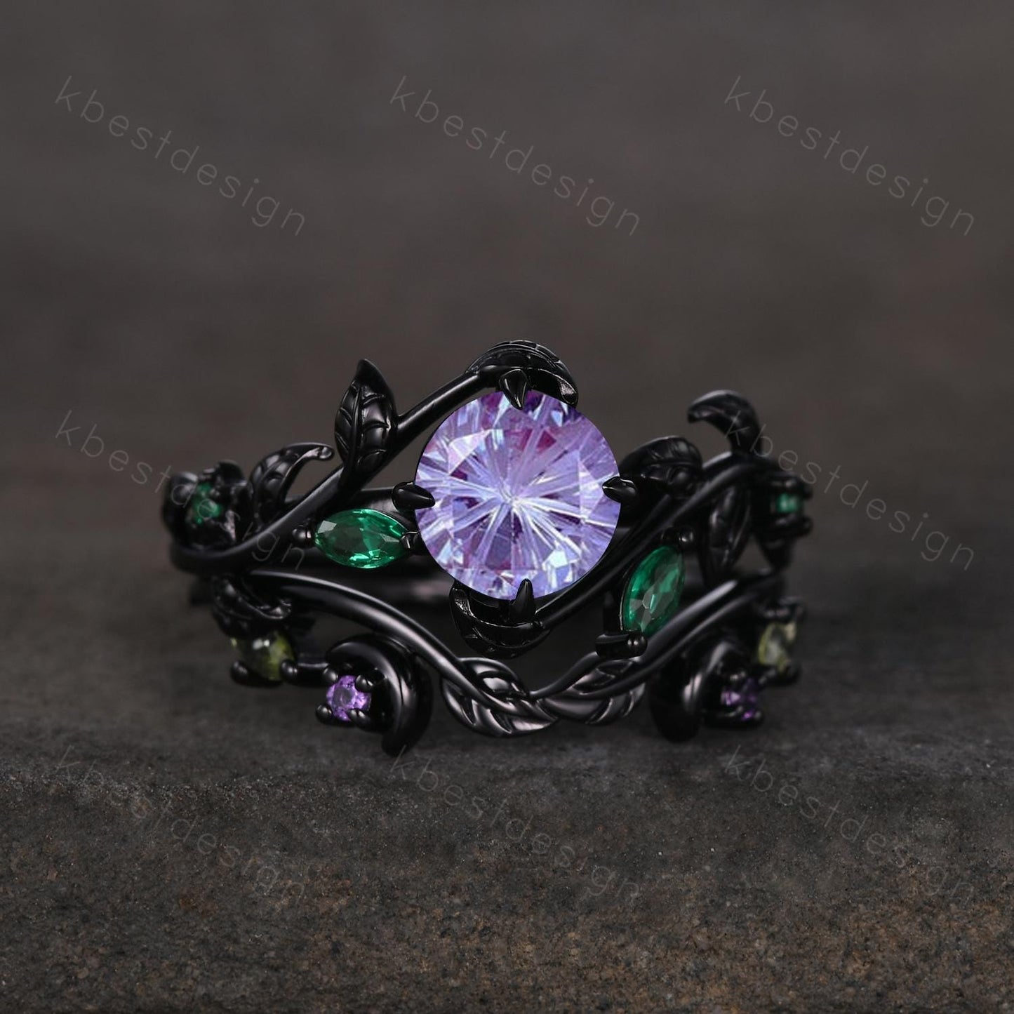 Vintage firework alexandrite engagement ring black gold art deco cluster emerald wedding ring set leaf inspired bridal promise ring for her