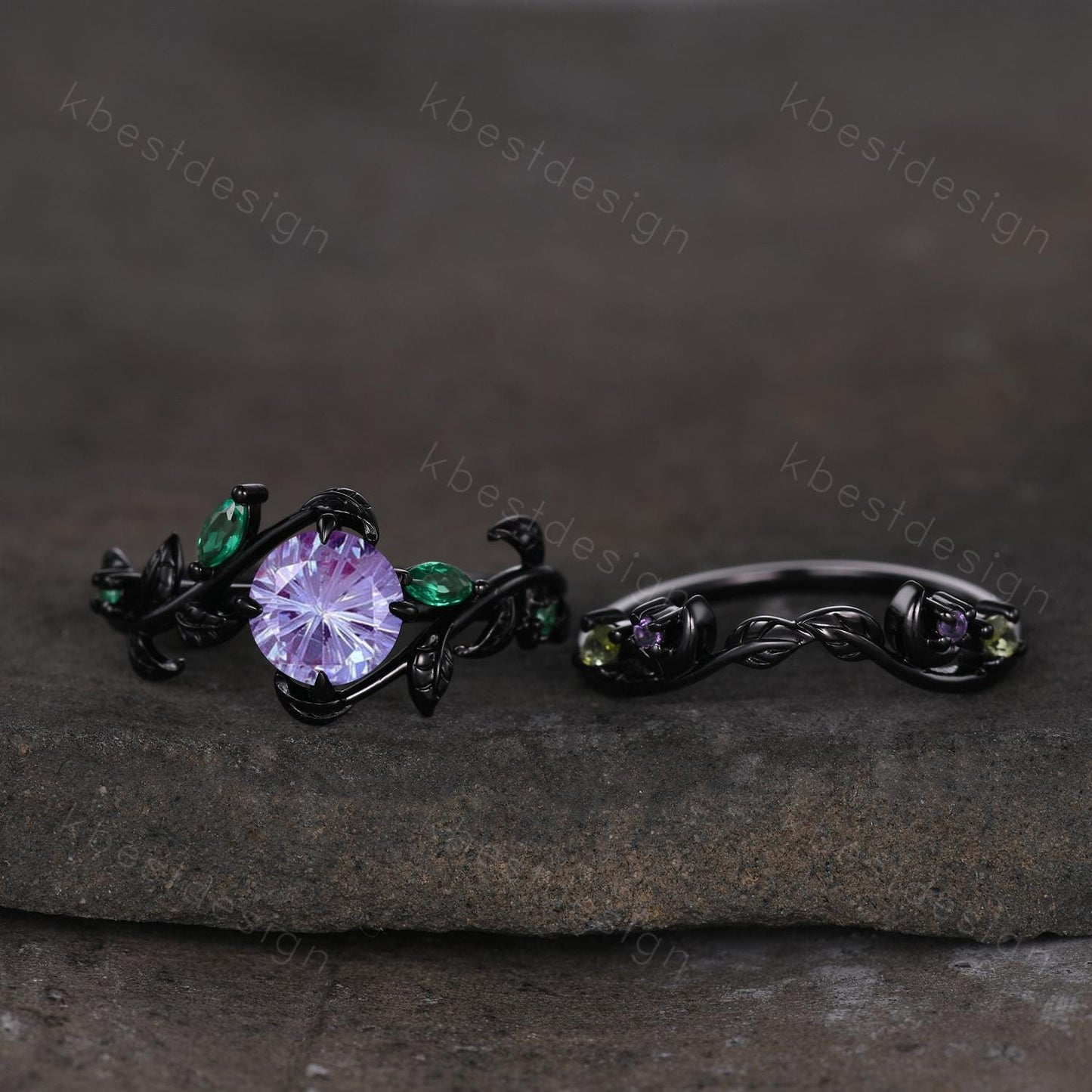 Vintage firework alexandrite engagement ring black gold art deco cluster emerald wedding ring set leaf inspired bridal promise ring for her