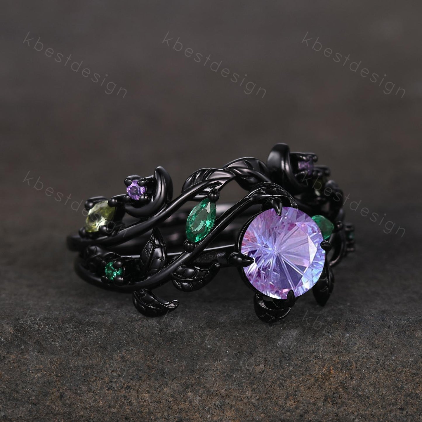 Vintage firework alexandrite engagement ring black gold art deco cluster emerald wedding ring set leaf inspired bridal promise ring for her