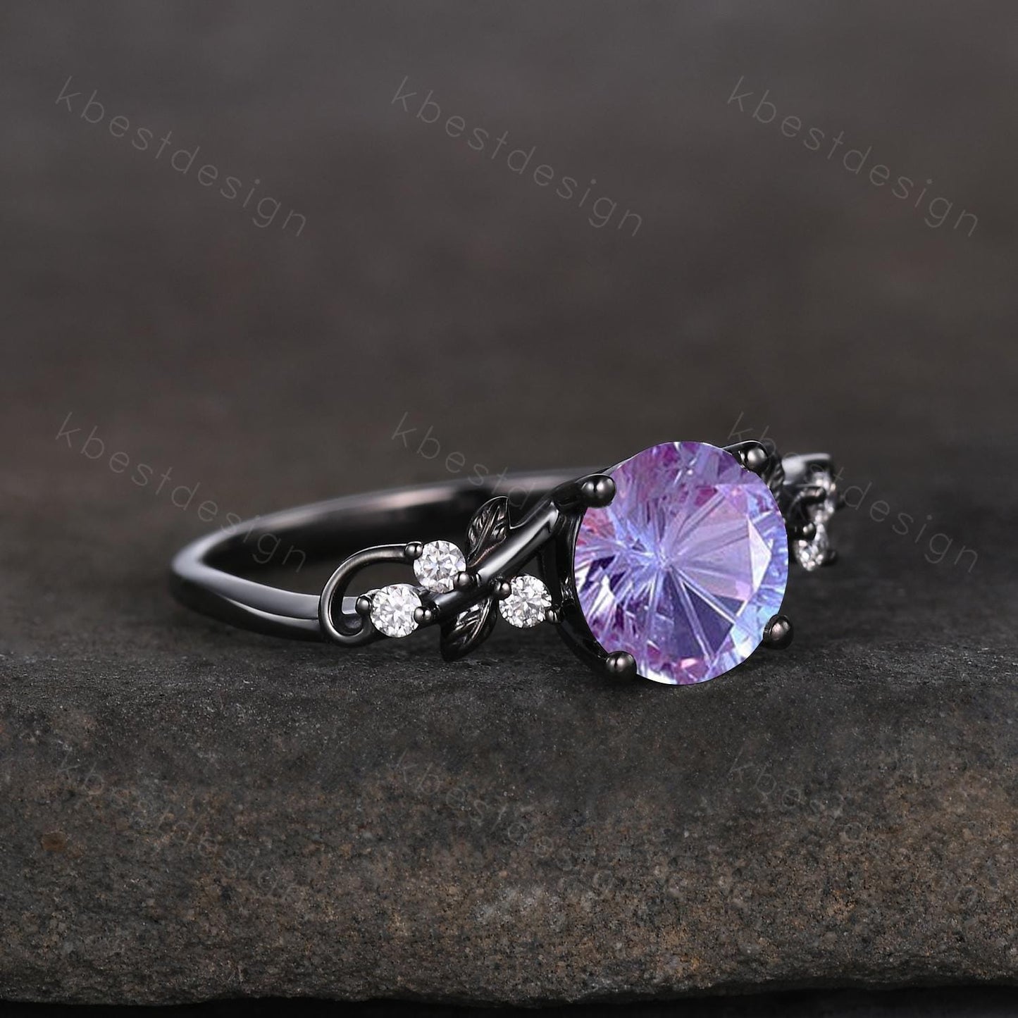 Nature inspired firework alexandrite ring black gold engagement ring for women twig leaf design ring unique art deco bridal anniversary ring