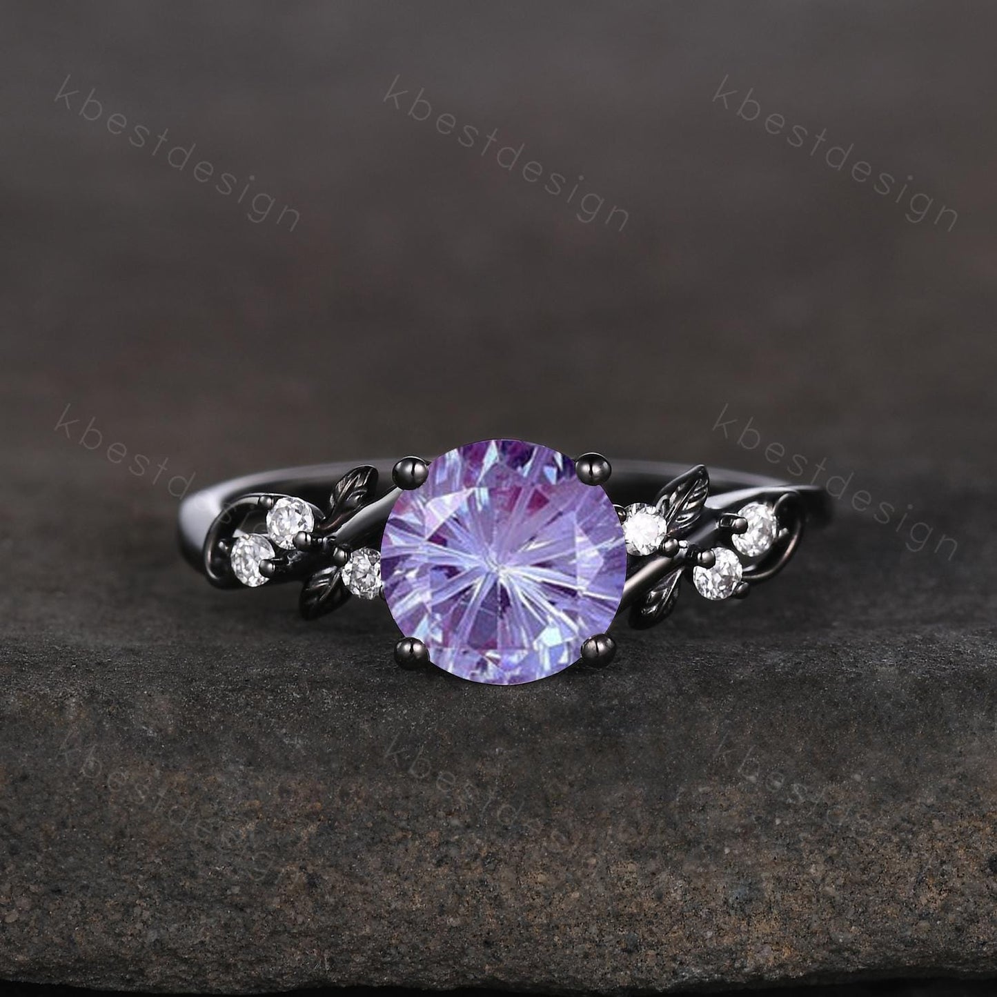 Nature inspired firework alexandrite ring black gold engagement ring for women twig leaf design ring unique art deco bridal anniversary ring