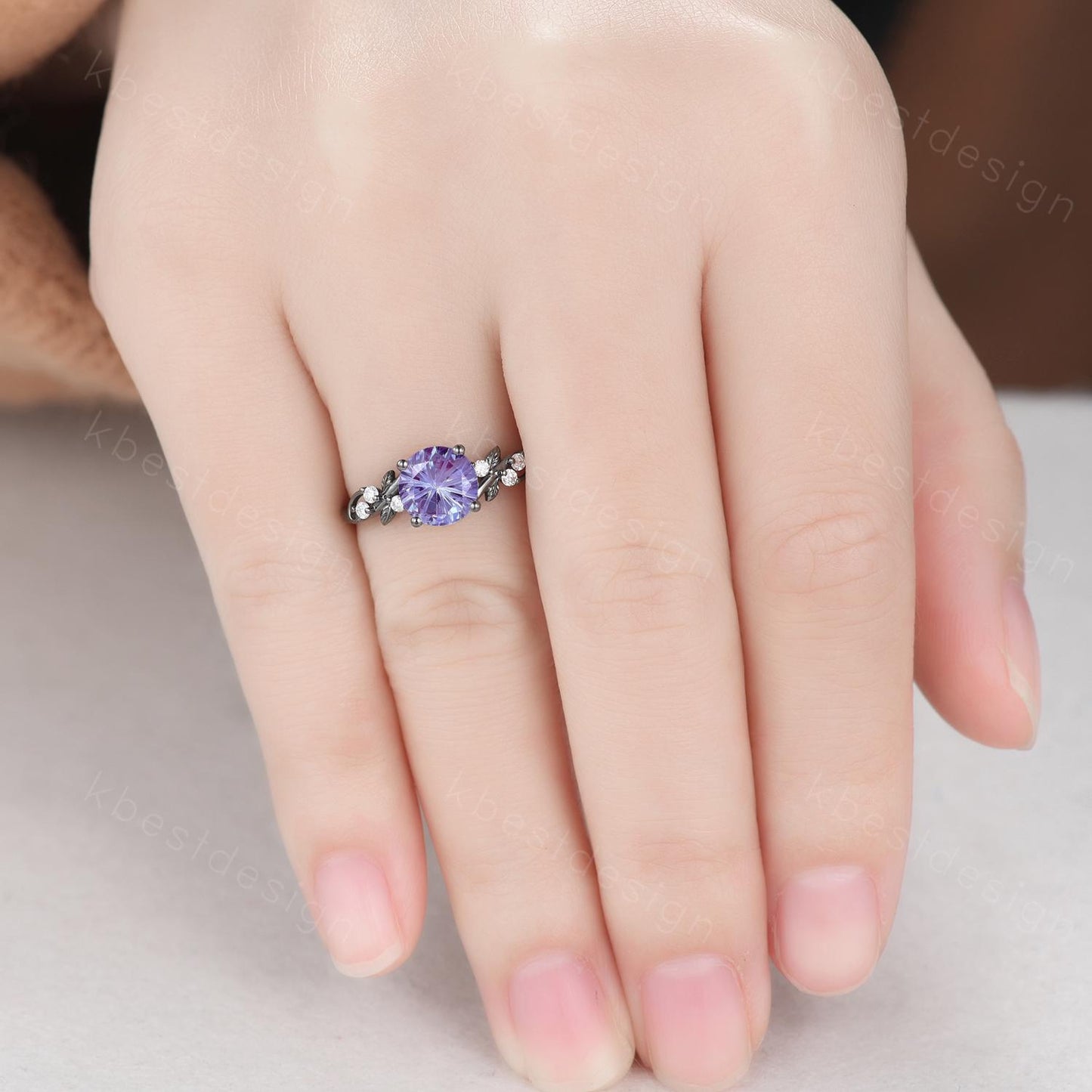 Nature inspired firework alexandrite ring black gold engagement ring for women twig leaf design ring unique art deco bridal anniversary ring