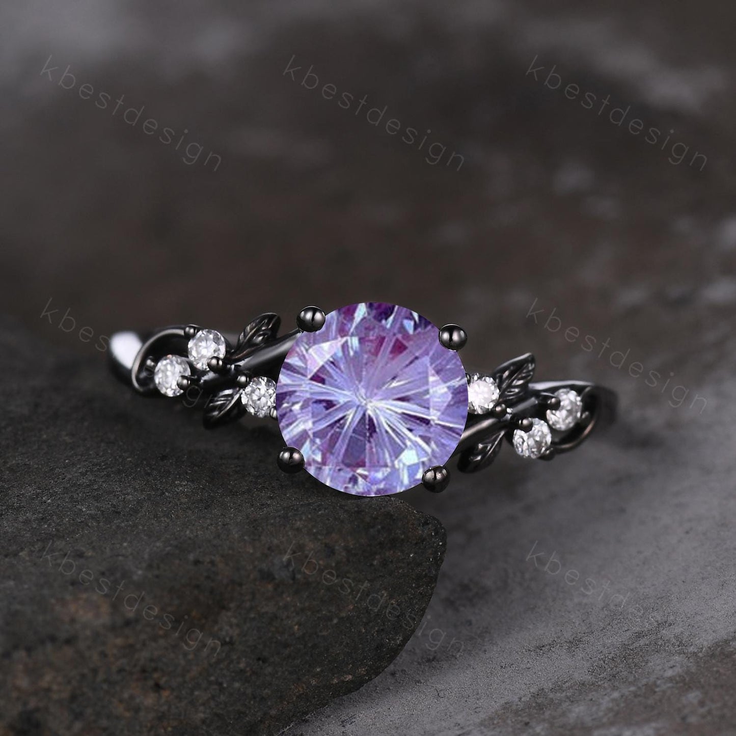 Nature inspired firework alexandrite ring black gold engagement ring for women twig leaf design ring unique art deco bridal anniversary ring