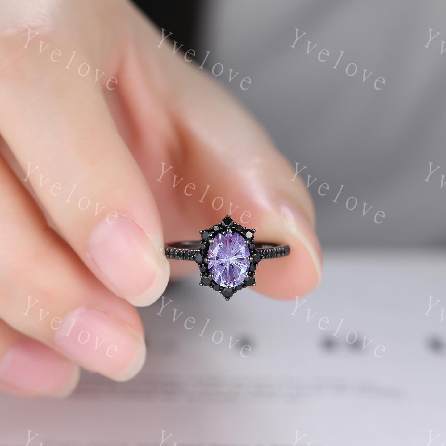 Gothic Firework Cut Alexandrite Engagement Ring Set,Black Gold Black Diamond Promise Ring Unique Rhodium Black Witchy Ring Bridal Set Gift