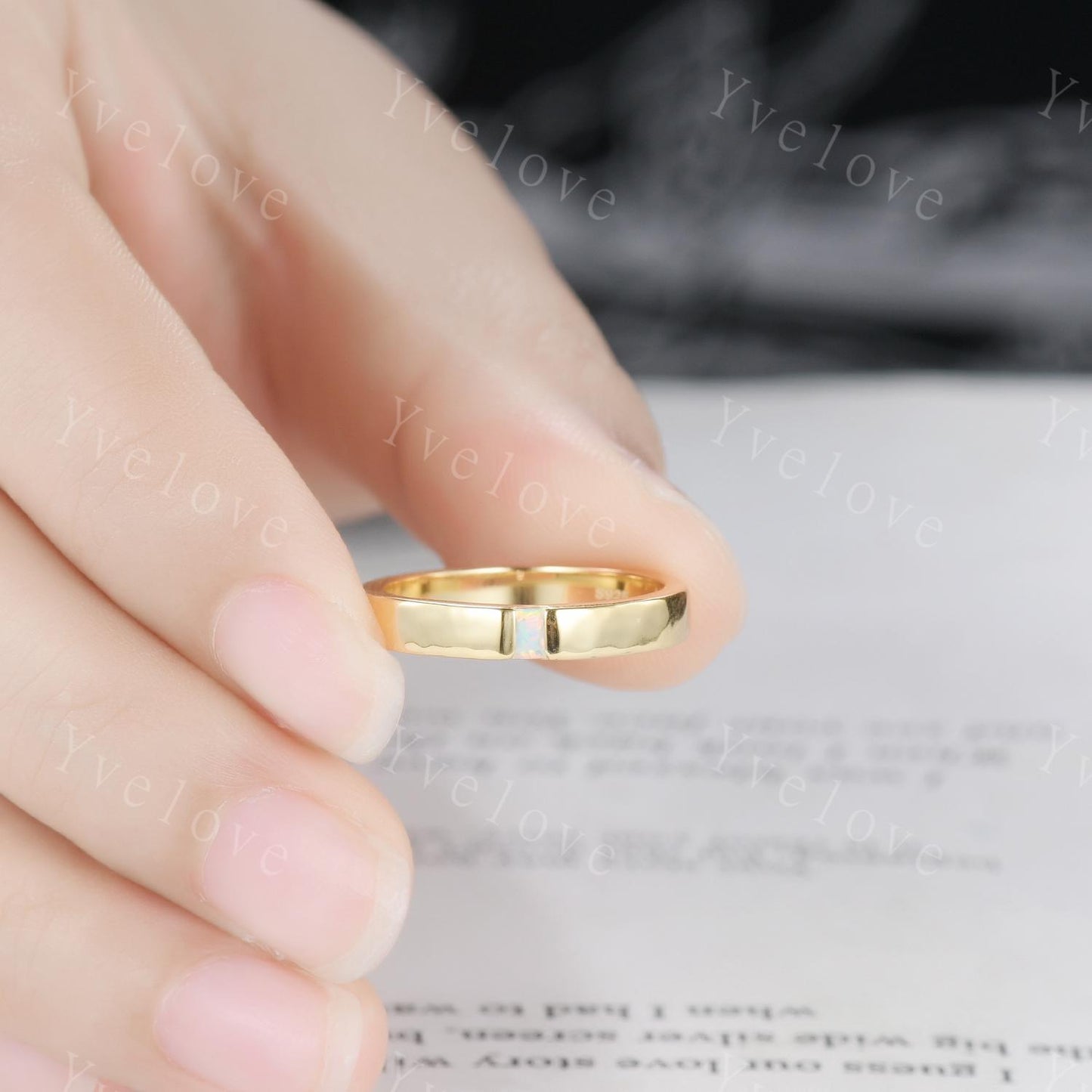 3mm Mens Baguette White Opal Wedding Band Opal Wedding Ring Solid Gold Ring Men Hammered Stacking Matching Band Vintage Ring Bridegroom Gift