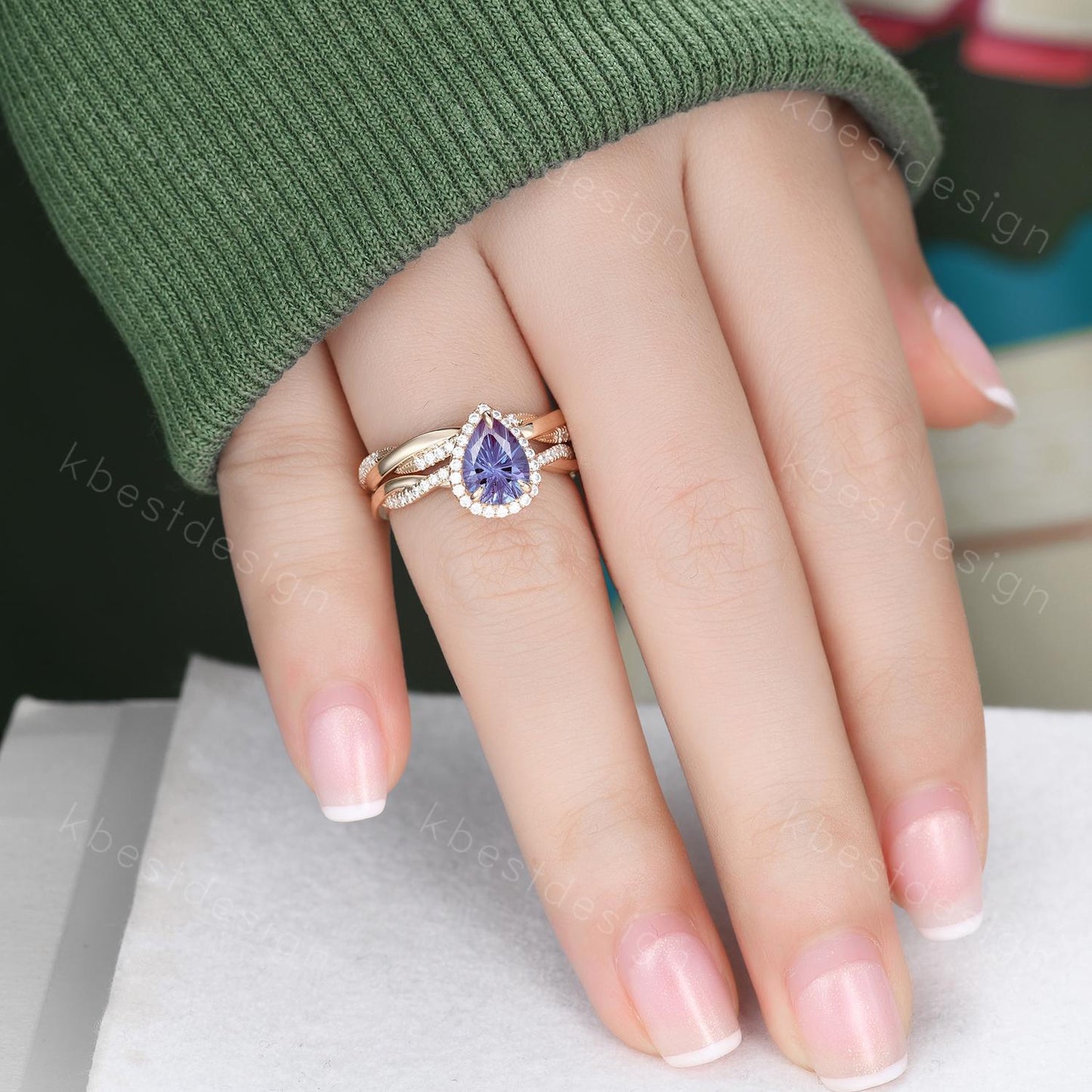 Firework Alexandrite Engagement Ring Set Teardrop Alexandrite Ring Twist Moissanite Wedding Band Promise Ring Bridal Set 14K Solid Gold Ring