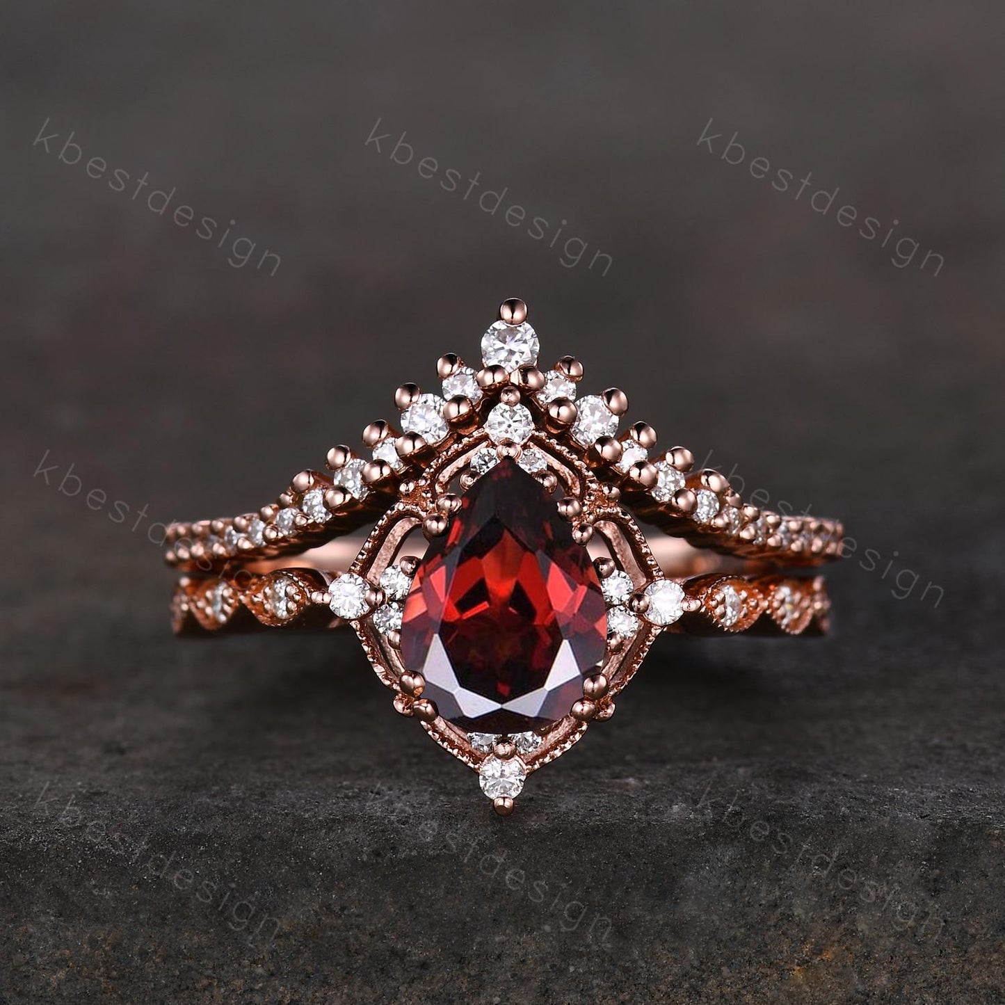 Vintage garnet engagement ring rose gold art deco curved stacking band pear cut bridal set unique moissanite wedding set anniversary gift