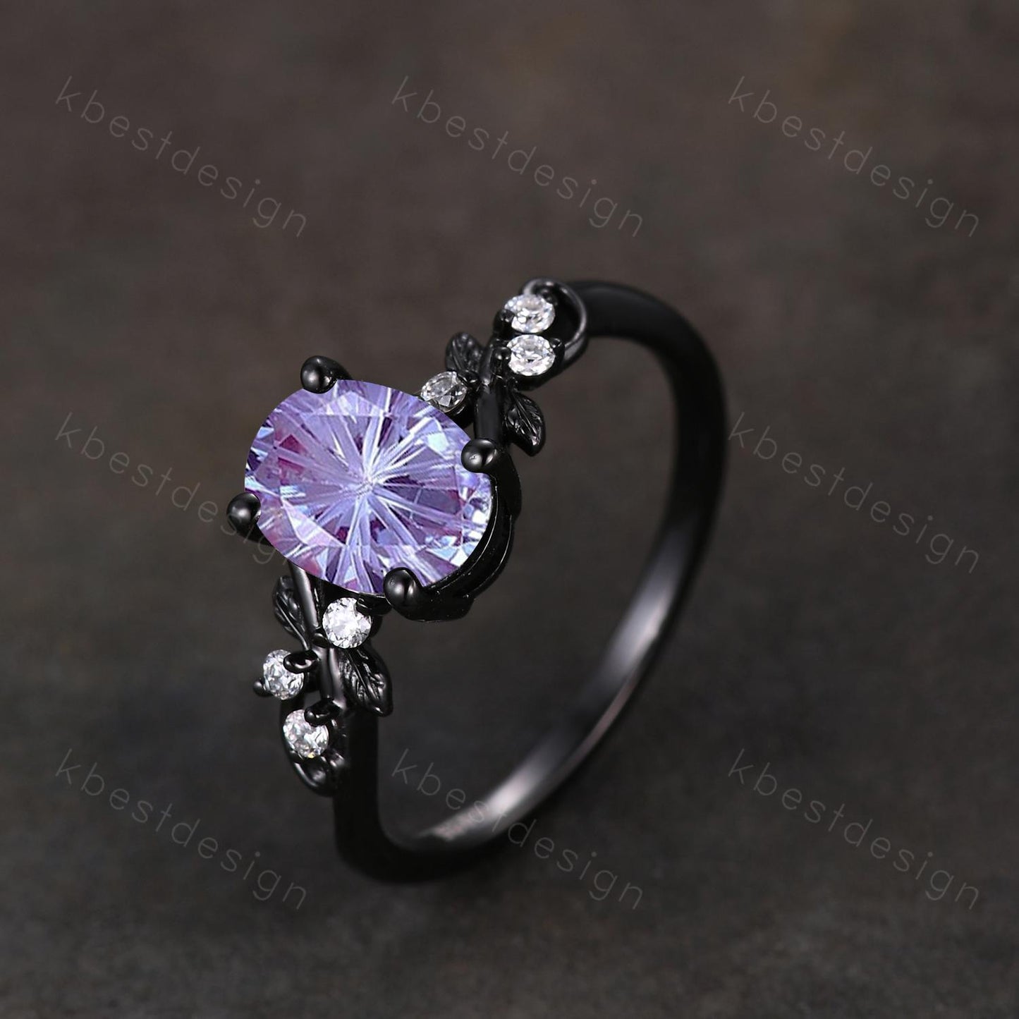 Firework cut alexandrite engagement ring black gold twig leaf moissanite ring oval cut bridal ring unique alexandrite promise ring for her