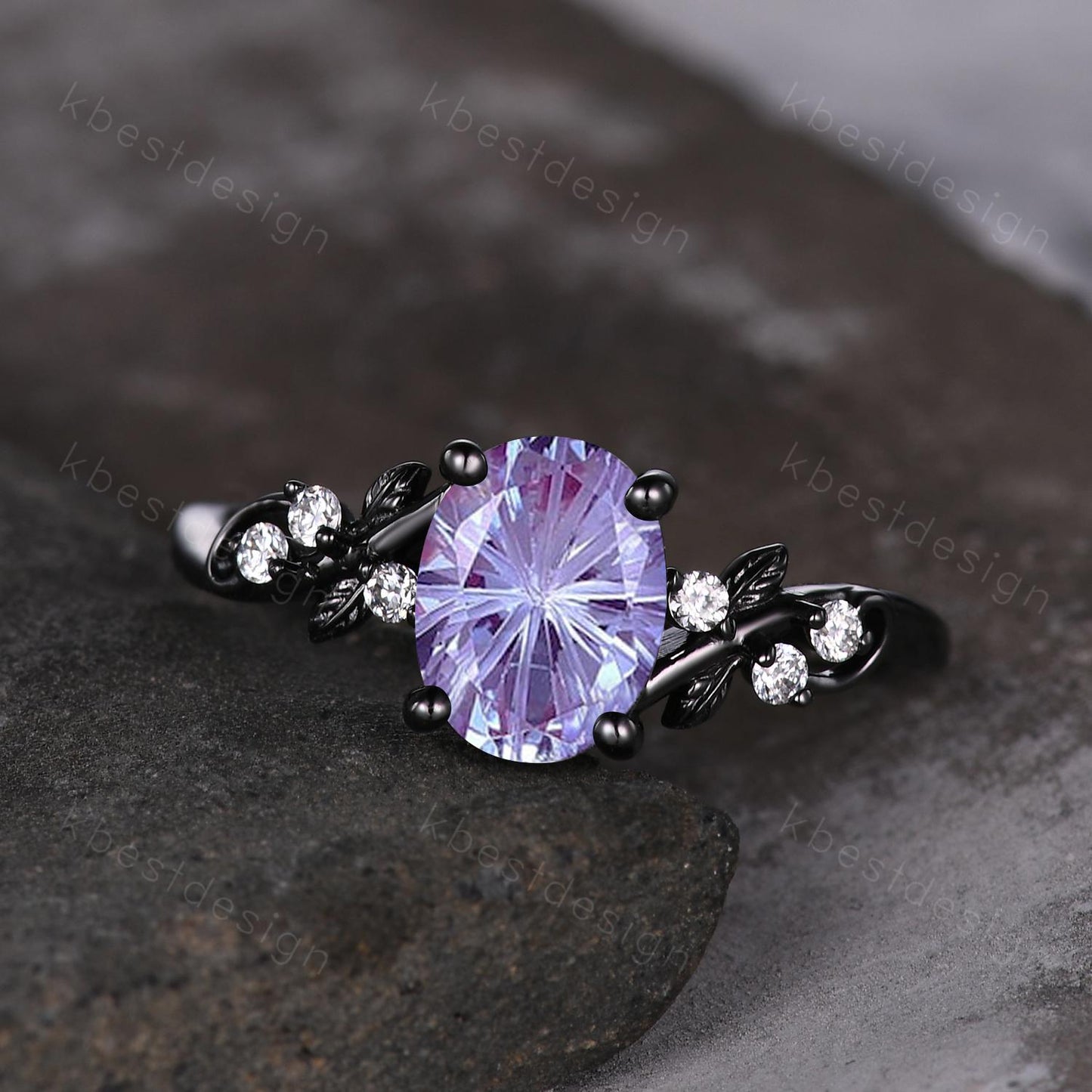 Firework cut alexandrite engagement ring black gold twig leaf moissanite ring oval cut bridal ring unique alexandrite promise ring for her