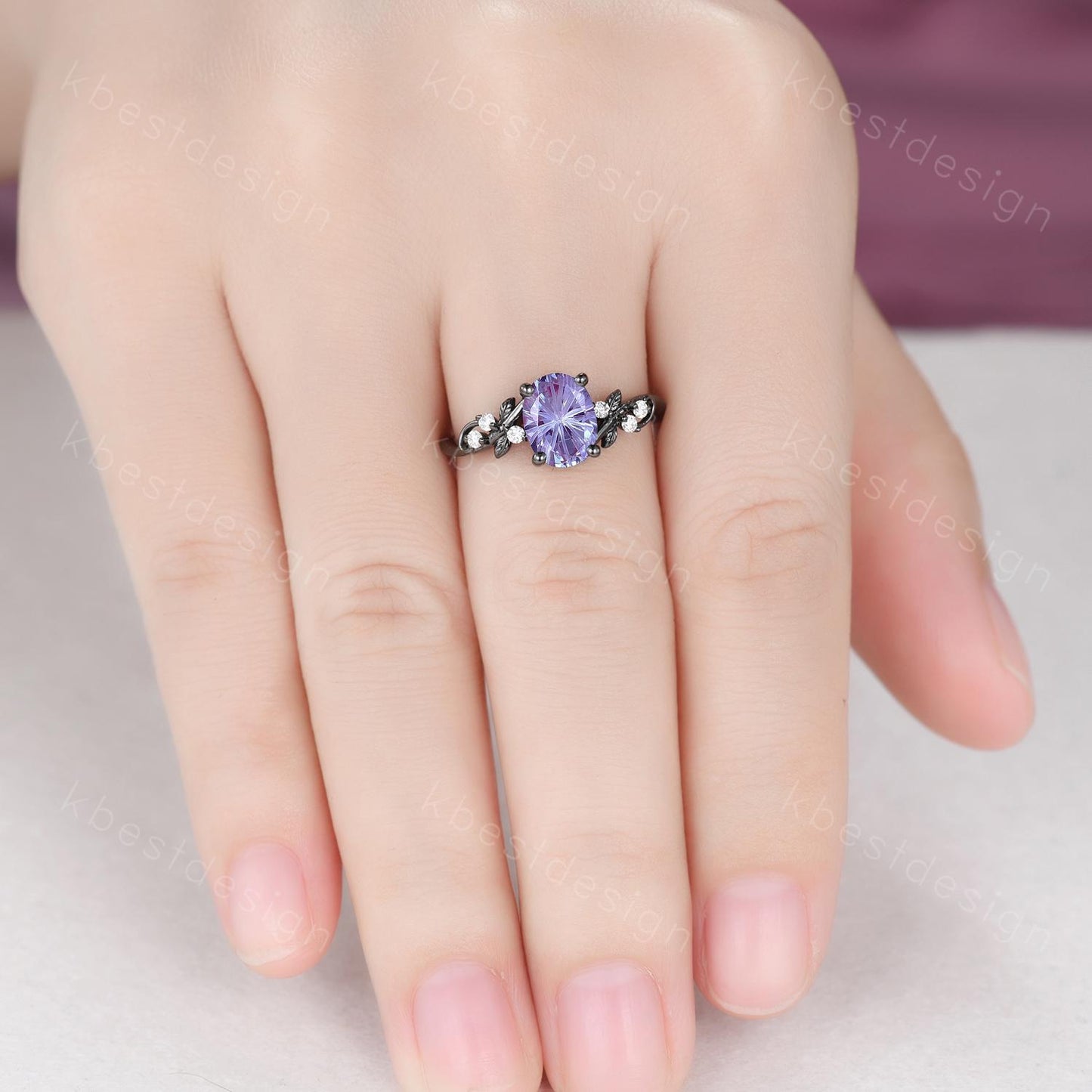 Firework cut alexandrite engagement ring black gold twig leaf moissanite ring oval cut bridal ring unique alexandrite promise ring for her