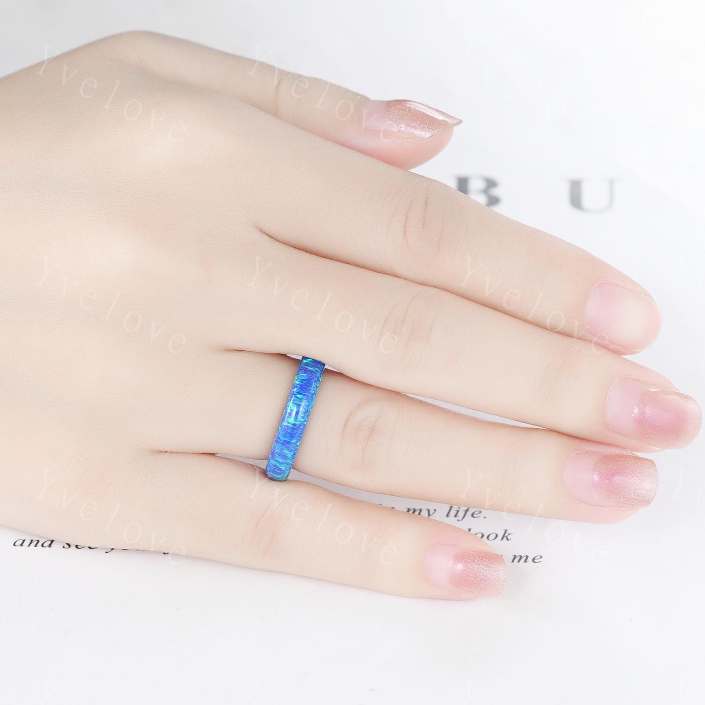 Unique peacock blue opal wedding band mens opal engagement ring full eternity women October birthstone anniversary ring gift for him her