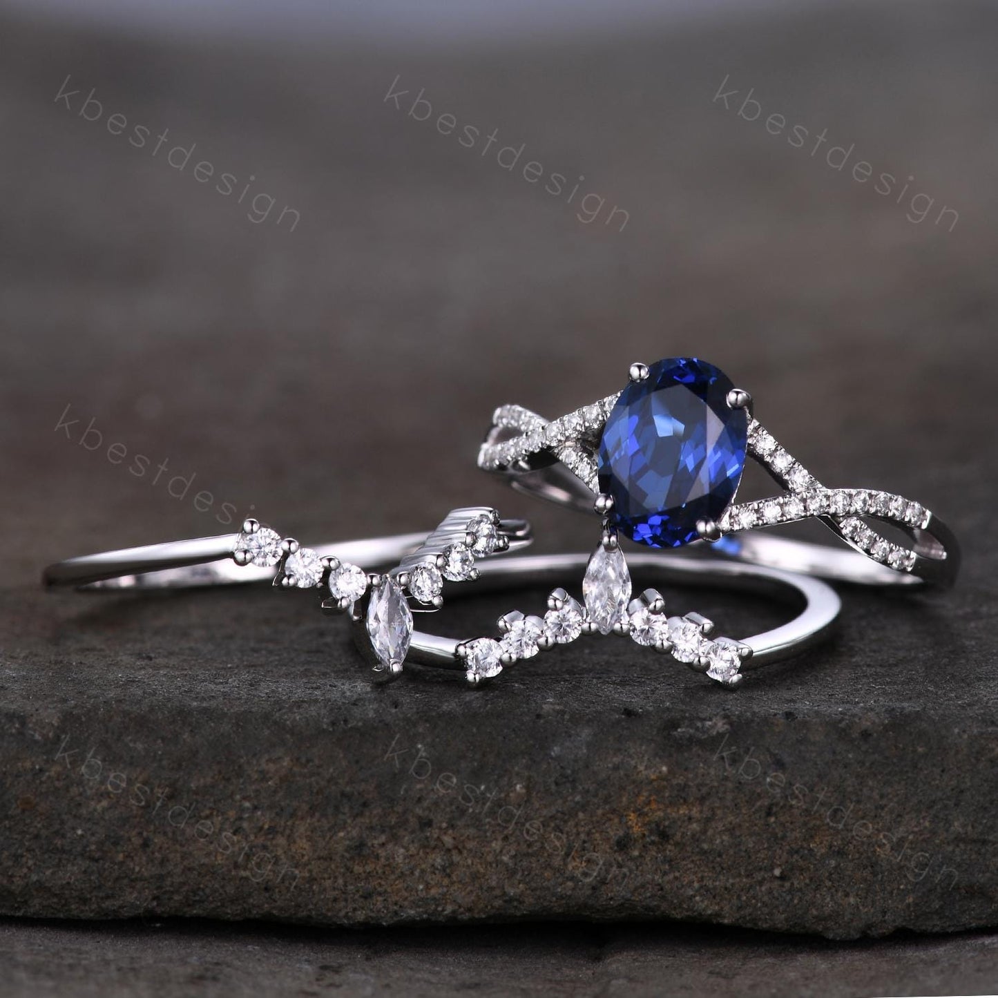 3PCS Blue Sapphire Engagement Ring Set Art Deco Moissanite Stacking Band Oval Cut Bridal Set Unique Curved Bands Blue Sapphire Promise Ring