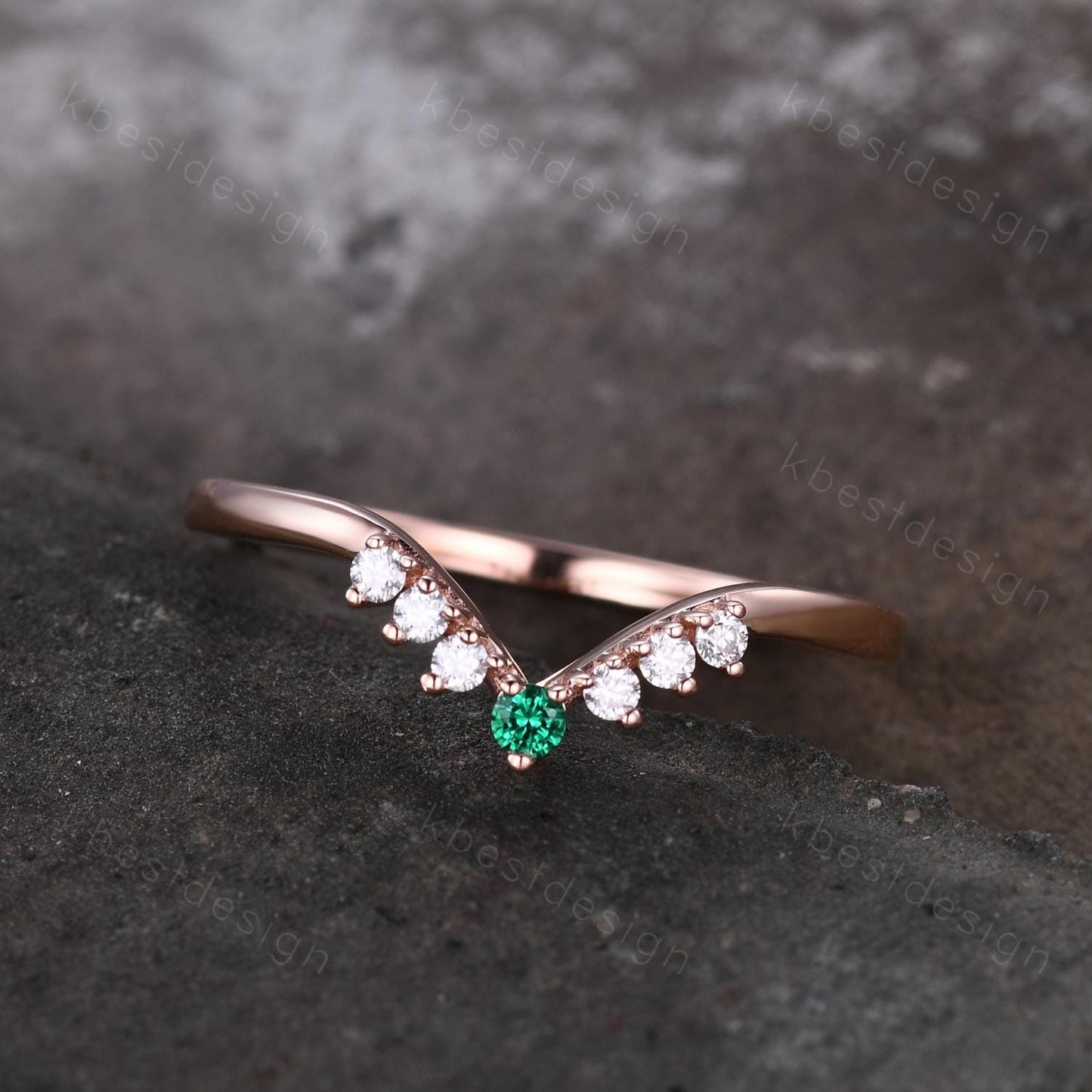 Unique moissanite emerald wedding band dainty rose gold band for women curved stacking matching band bridal anniversary band gift