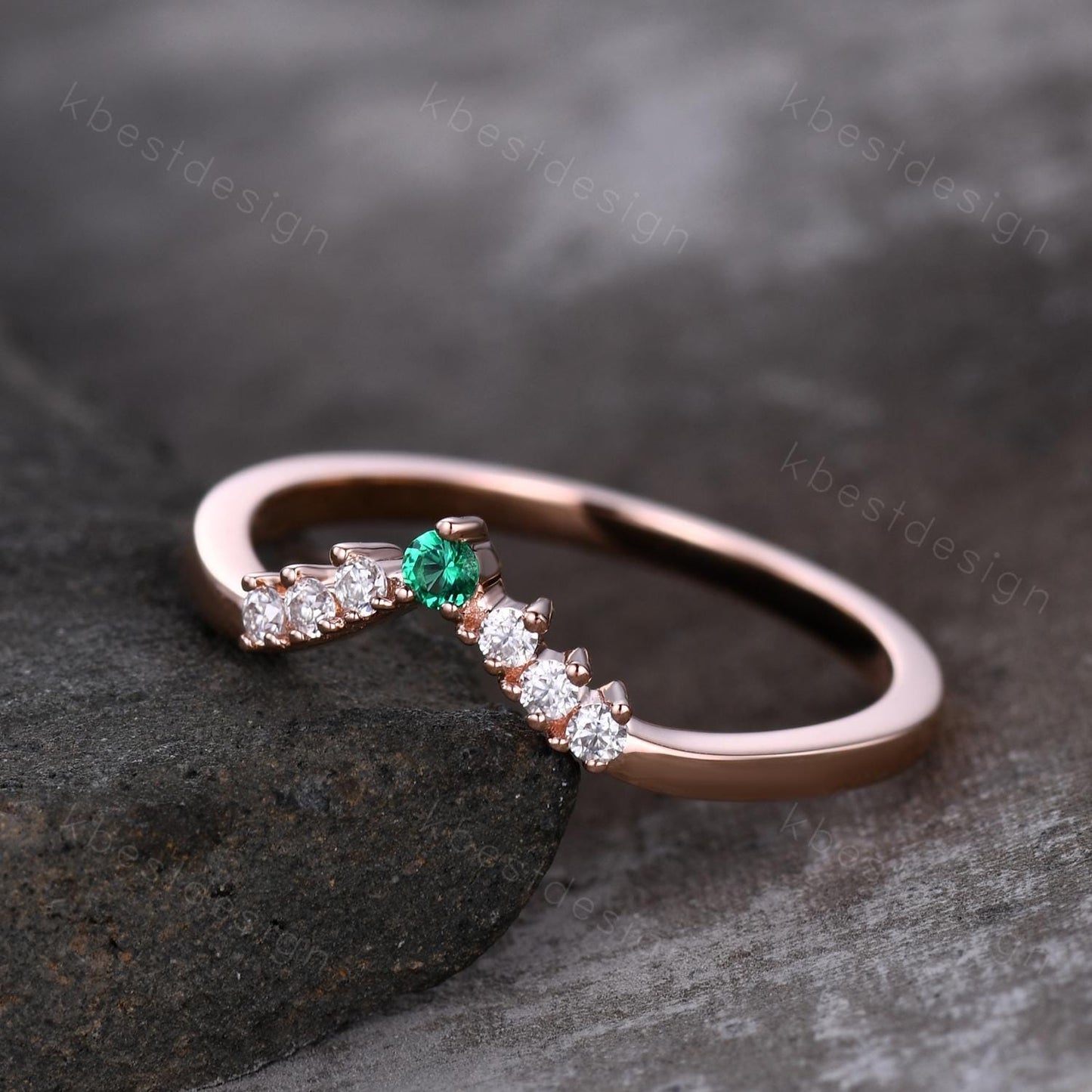 Unique moissanite emerald wedding band dainty rose gold band for women curved stacking matching band bridal anniversary band gift