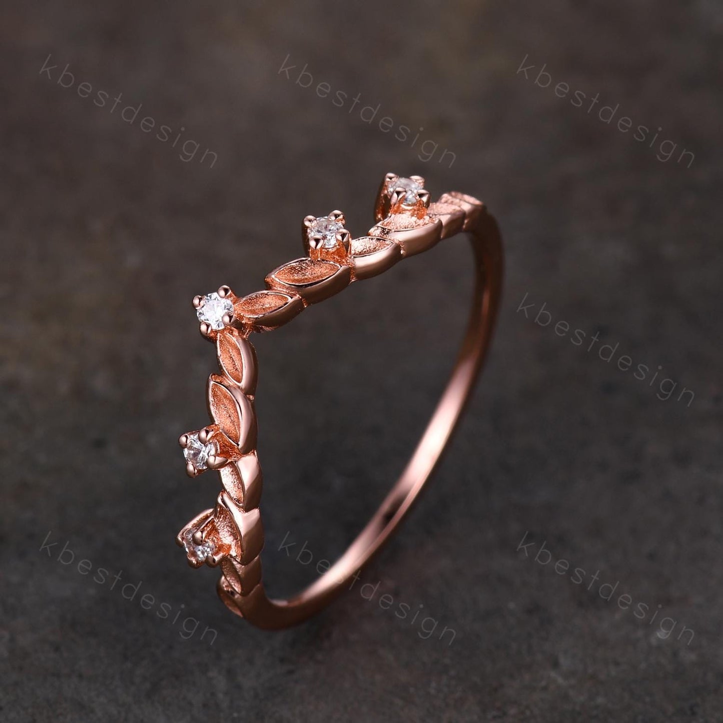 Unique Curved Moissanite Wedding Band Women Rose Gold Nature Leaf Style Stacking Matching Band Bridal Anniversary Ring