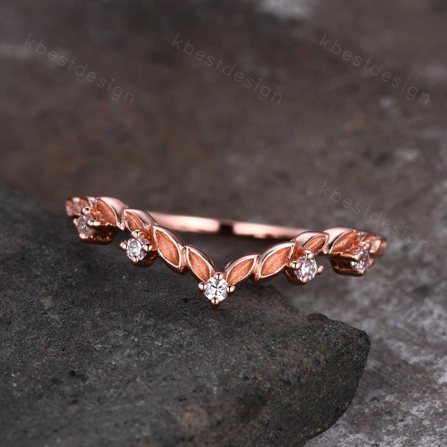 Unique Curved Moissanite Wedding Band Women Rose Gold Nature Leaf Style Stacking Matching Band Bridal Anniversary Ring