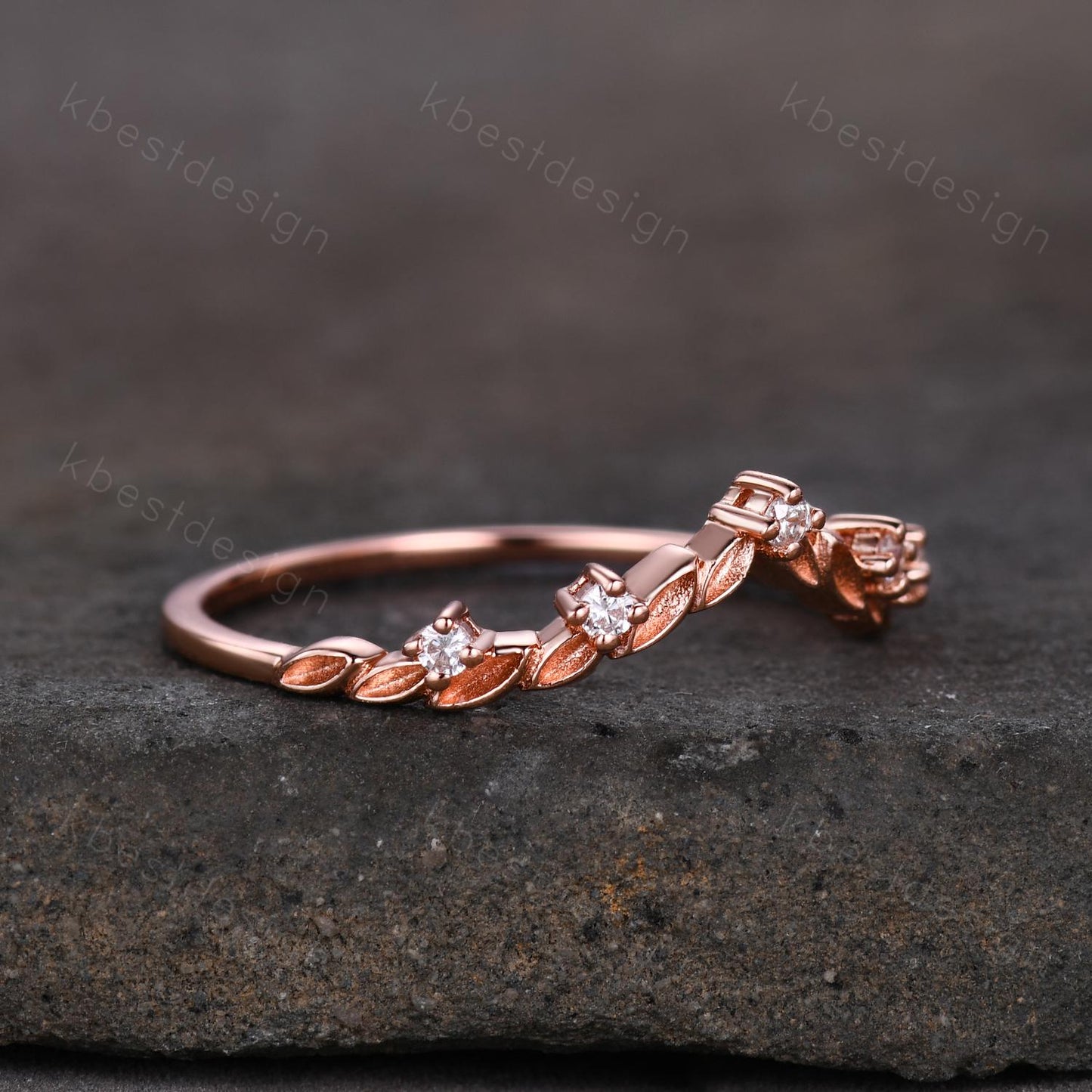 Unique Curved Moissanite Wedding Band Women Rose Gold Nature Leaf Style Stacking Matching Band Bridal Anniversary Ring