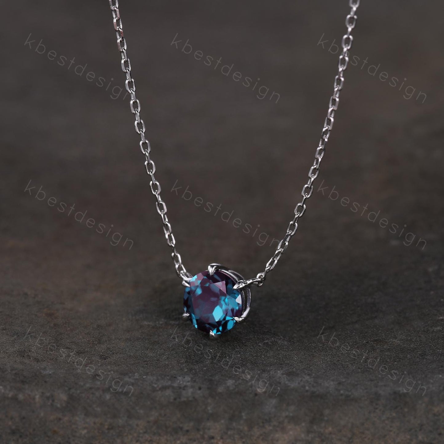 7mm Round Cut Alexandrite Necklace Sterling Silver Solitaire Alexandrite Pendant for Women Unique Vintage Personalized Anniversary Necklace