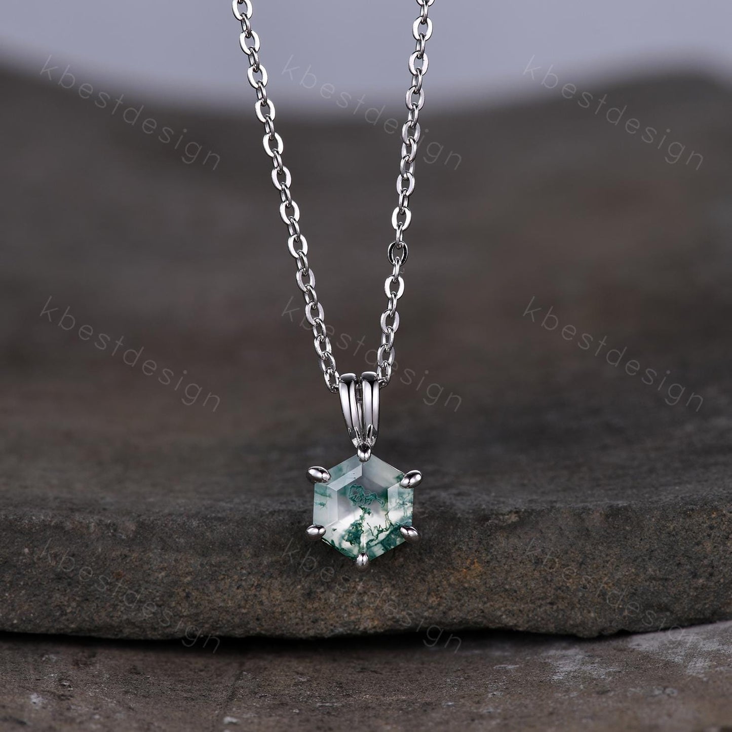 Hexagon Cut Moss Agate Necklace Minimalist Solitaire Pendant for Women Sterling Silver Necklace Unique Personalized Anniversary Necklace