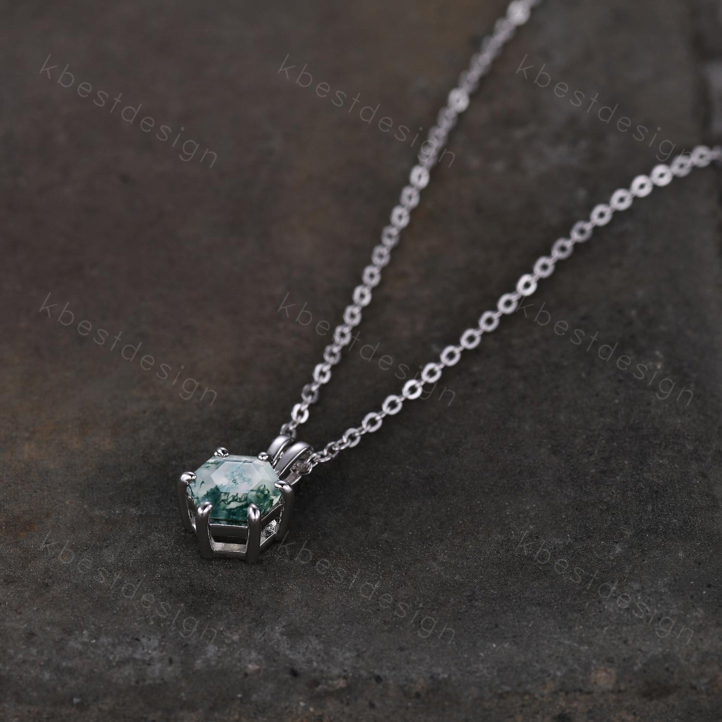Hexagon Cut Moss Agate Necklace Minimalist Solitaire Pendant for Women Sterling Silver Necklace Unique Personalized Anniversary Necklace