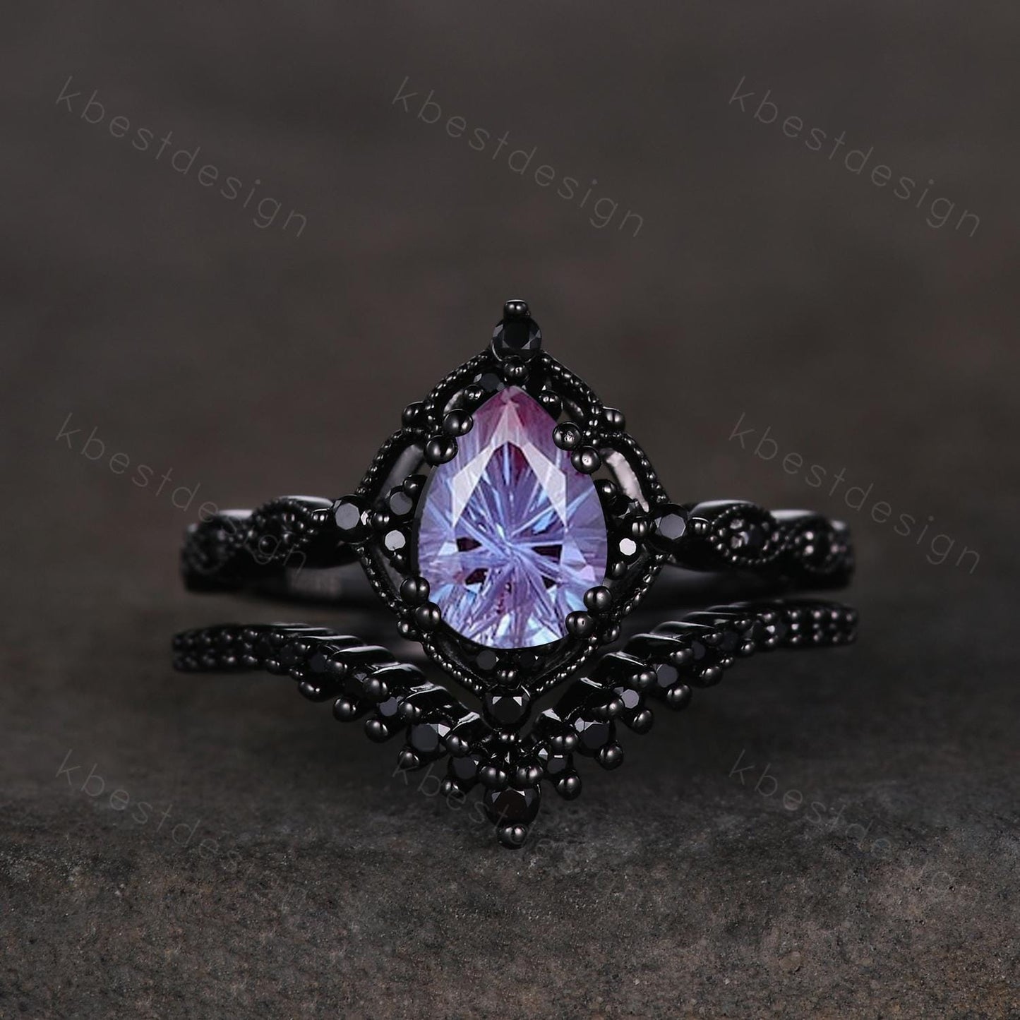 Vintage firework alexandrite engagement ring black gold ring art deco curved stacking band pear shaped bridal set unique black wedding set