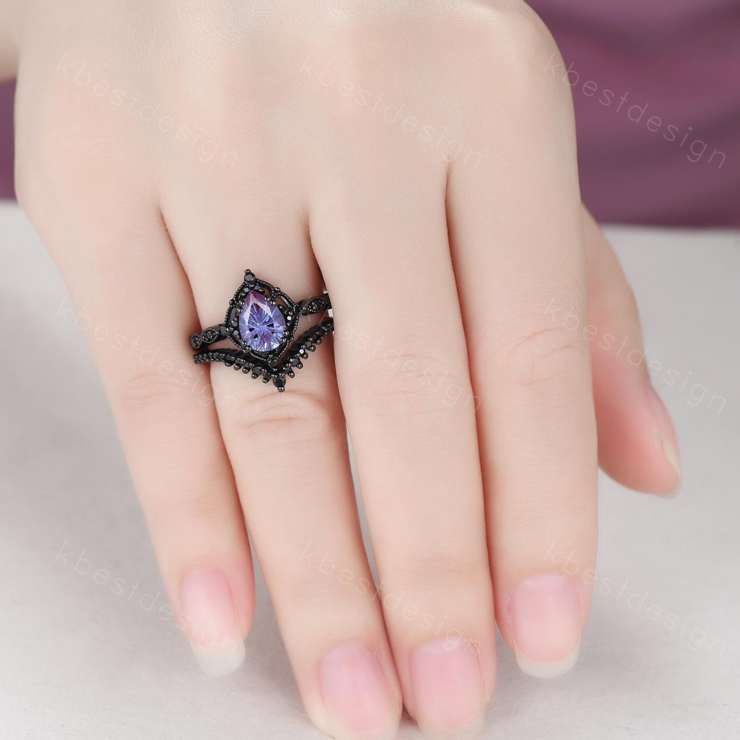 Vintage firework alexandrite engagement ring black gold ring art deco curved stacking band pear shaped bridal set unique black wedding set