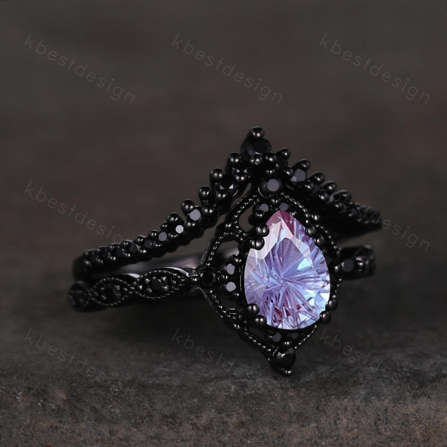 Vintage firework alexandrite engagement ring black gold ring art deco curved stacking band pear shaped bridal set unique black wedding set